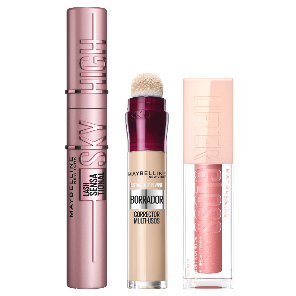 Maybelline New York | Pack Rutina con nuestros favoritos_ con la máscara de pestañas Sky High_ el borrador corrector multiusos_ en Tono Light_ y el labial Lifter Gloss_ en tono Moon