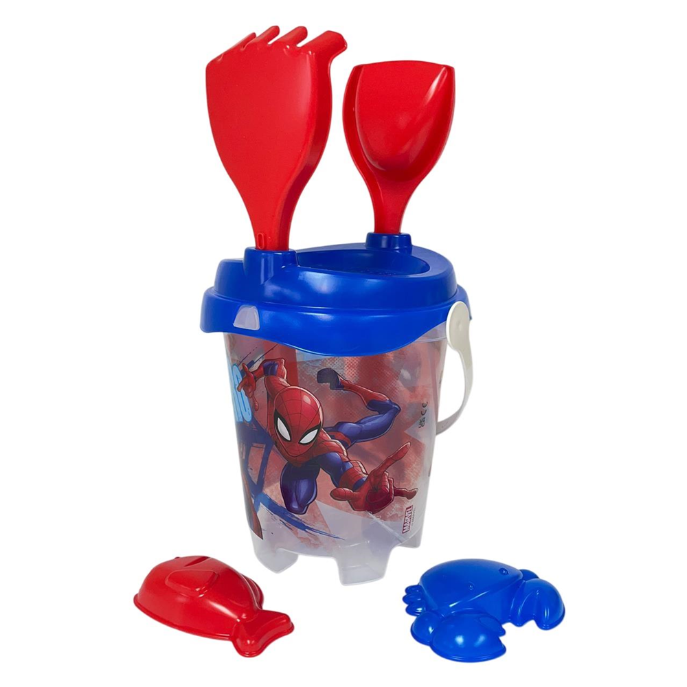 Cubo Playa Castillo Spiderman Trasparente Con Cedazo, Pala,Rastrillo y Moldes. (322000-00C012)