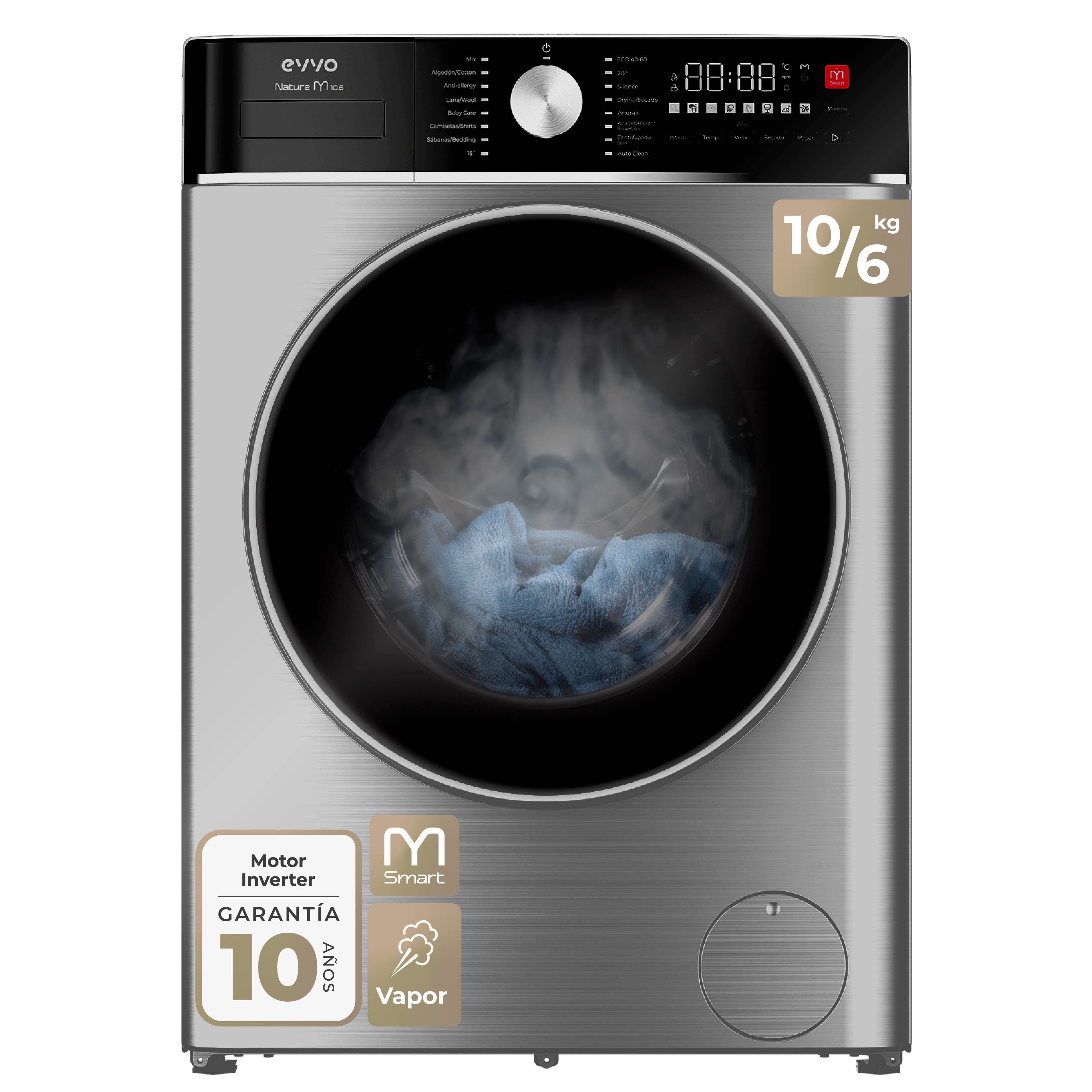 EVVO Lavadora secadora 10 kg + 6 kg carga frontal Nature M10/6, 1400 rpm, Motor Inverter, M-Smart, Lavado rápido, vapor