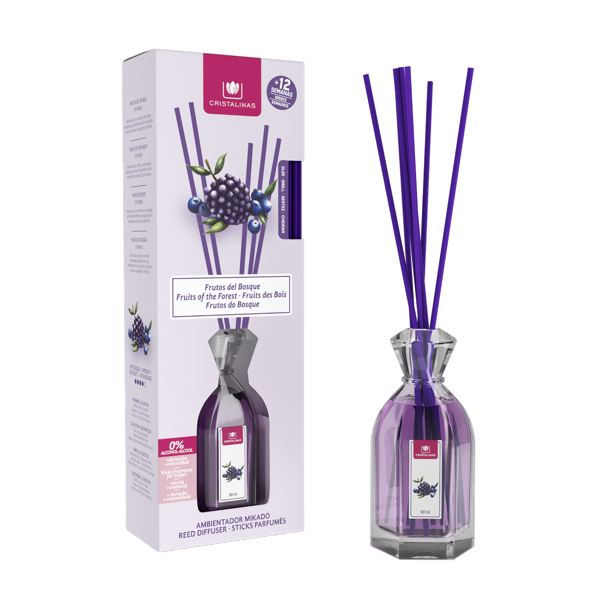 CRISTALINAS Ambientador Mikado Gama Clásica 90ML - 0% Alcohol. Más de 12 semanas de duración. Variedad de aromas: Azahar, Moras, Bebé y Colonia, Frutos del Bosque, Cerezo, Jazmín, Dama de Noche, Brisa Marina, Sándalo y Cedro