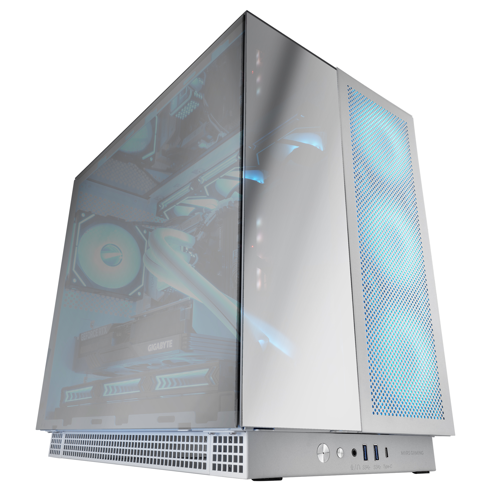 Mars Gaming MC-NOVA3, Caja Gaming Custom XXL E-ATX, Tripe Cristal Cromado Continuo Sin Marco, Soporte Completo Refrigeración Líquida, Aluminio Aeroespacial 2mm, Torre PC con Doble Cámara, USB-C, Chasis PC E-ATX Blanco
