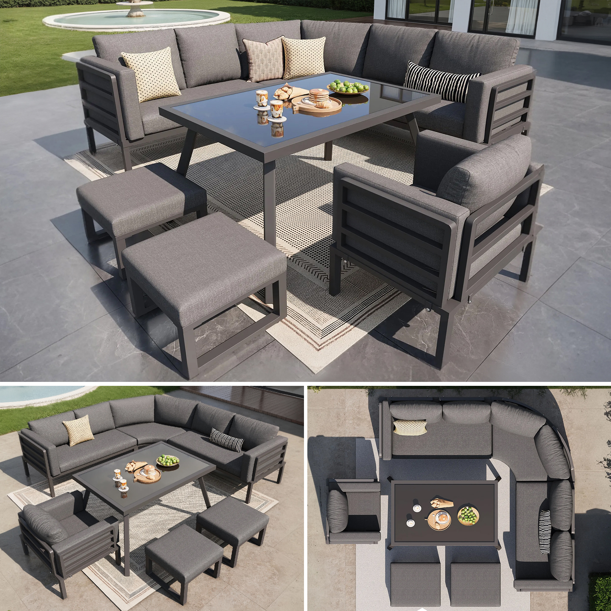 Salon de jardin demi-lune gris jusqu’à 8 personnes avec canapés, fauteuils, poufs, table en verre et coussins épais