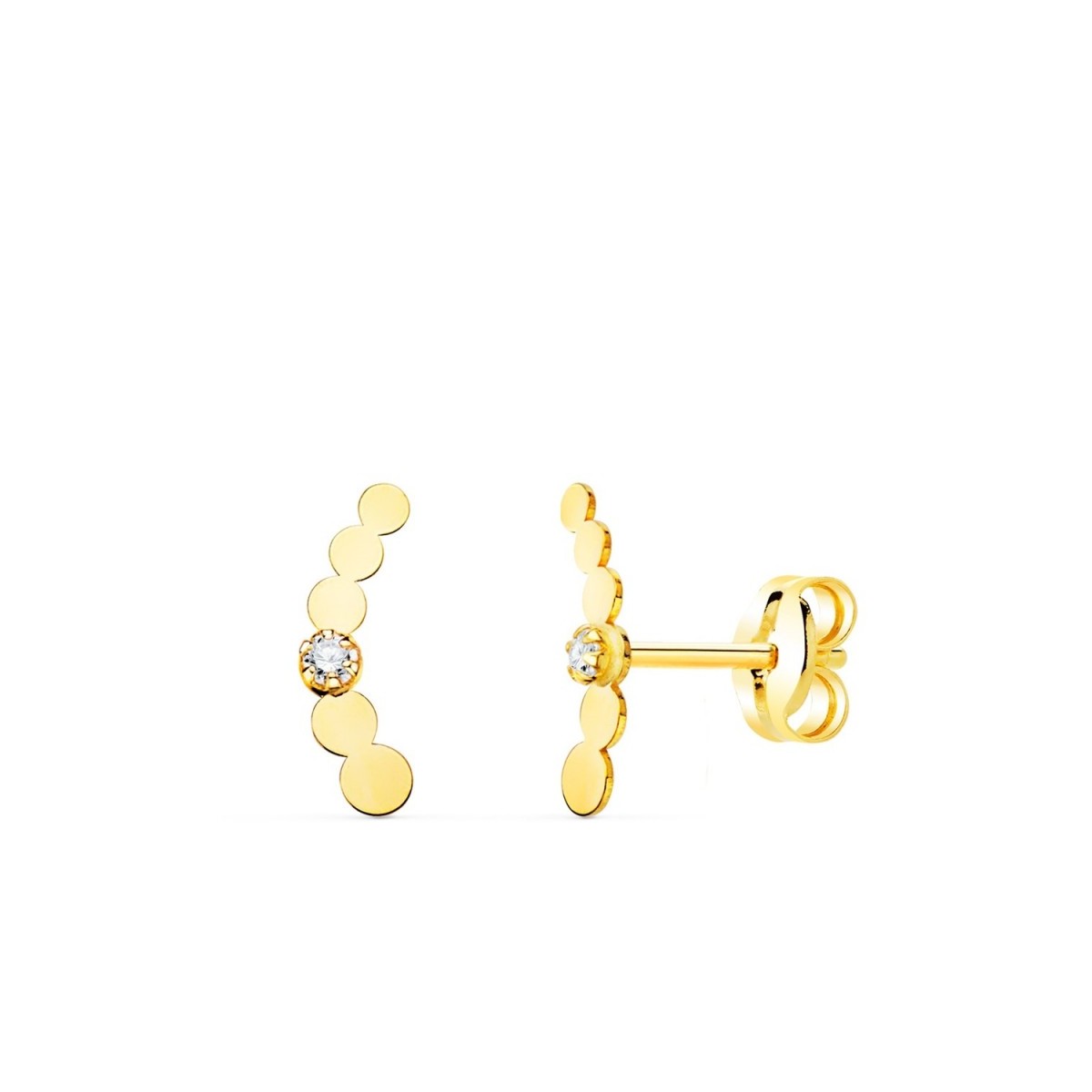 Pendientes oro 18k mujer 10 mm. trepadores círculos lisos circonita centro presión