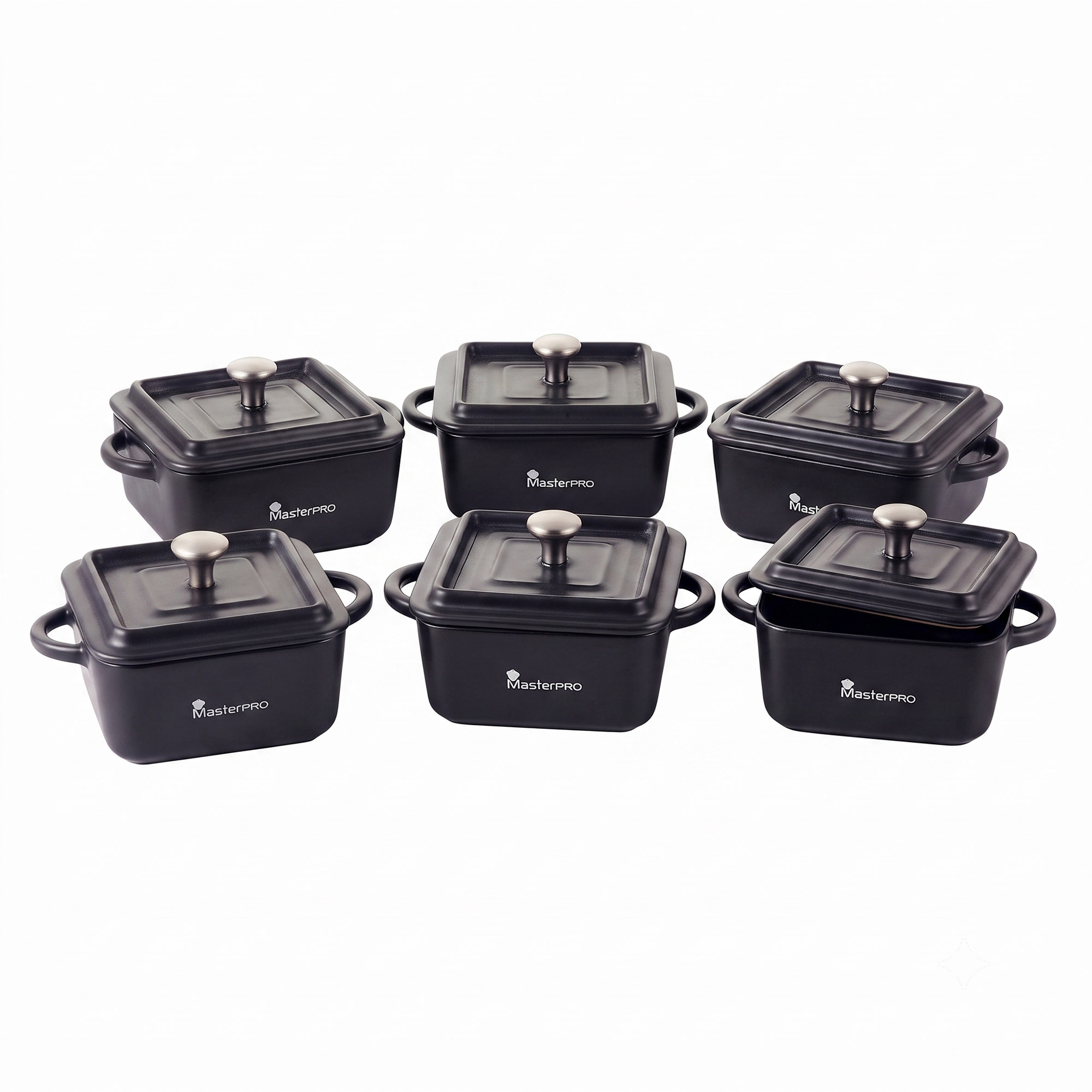 Masterpro - Cazuelas individuales MasterPRO en cerámica resistente, ideales para gratinados, postres y tapas, con tapa y asas prácticas, uso múltiple horno/microondas