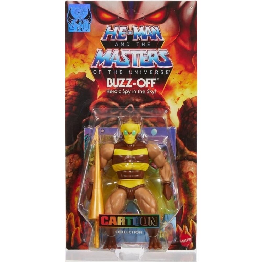 Masters of the Universe Origins Cartoon Collection Buzz-Off Figura de acción, líder de las abejas de 14cm con alas, gafas y lanza, inspirado en la serie de televisión de los años80, JBM88