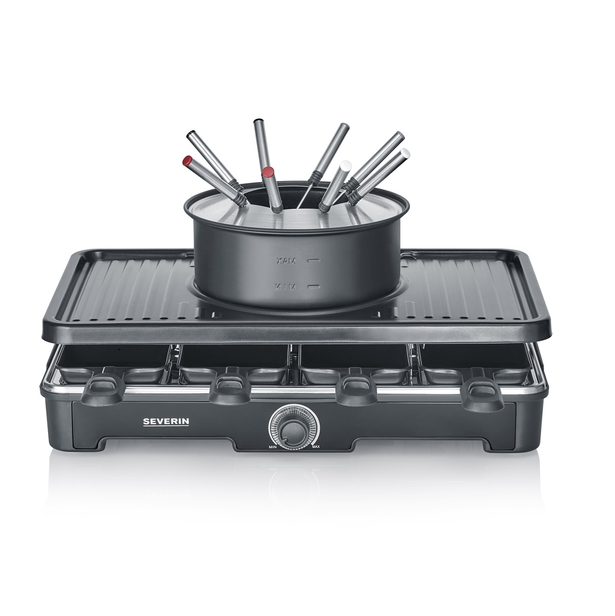 Raclette y fondue 2 en 1 SEVERIN RG 2347 (8 pax), 1400W, placa cerámica, termostato LED, 8 sartenes.