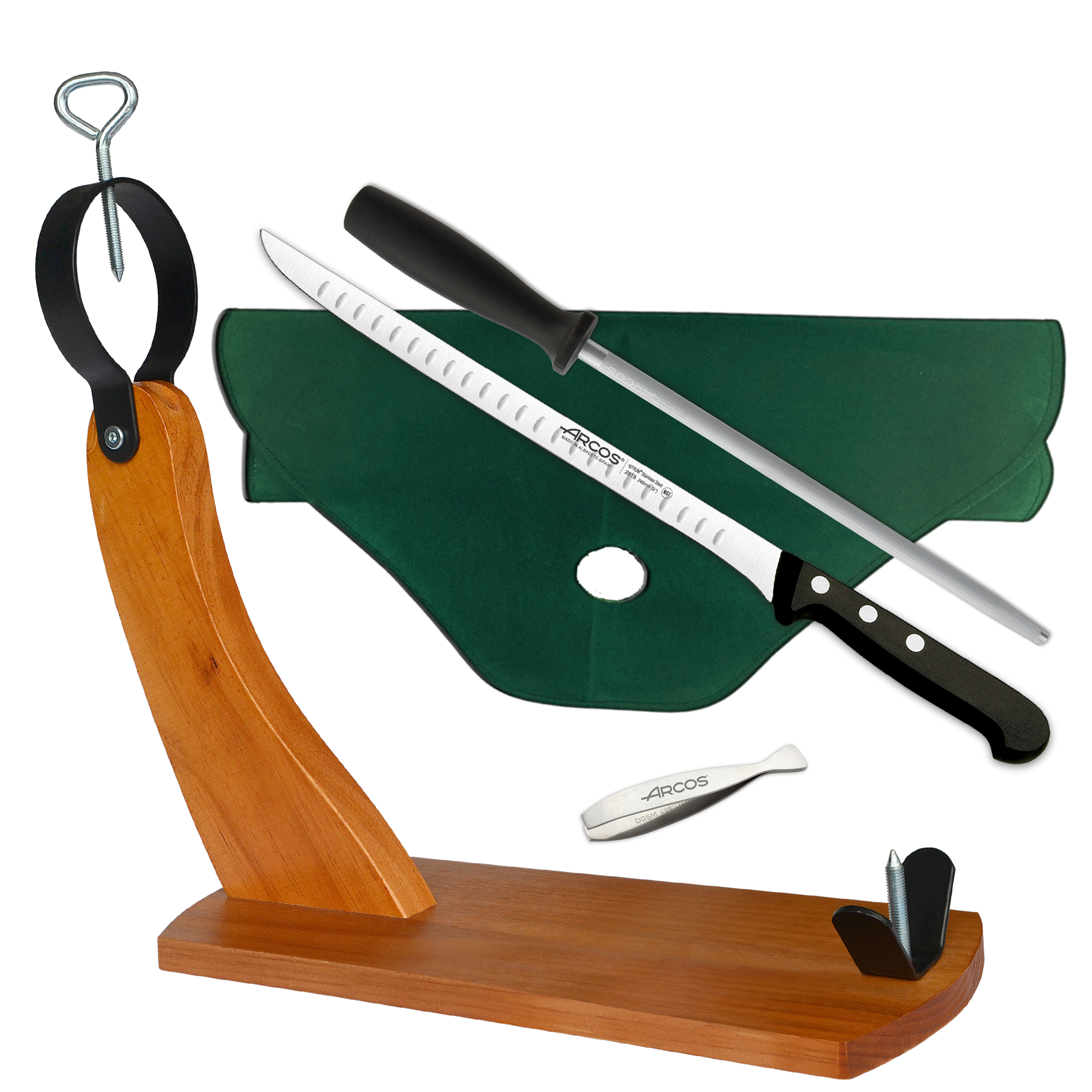 CUPERINOX Jamonero Cuchillo Jamonero Set Jamon 5 Piezas Kit Jamon  Soporte Jamon  Cuchillo Jamonero Alveolos  Afilador  Cubrejamon  Pinza Jamon  Fabricado en España