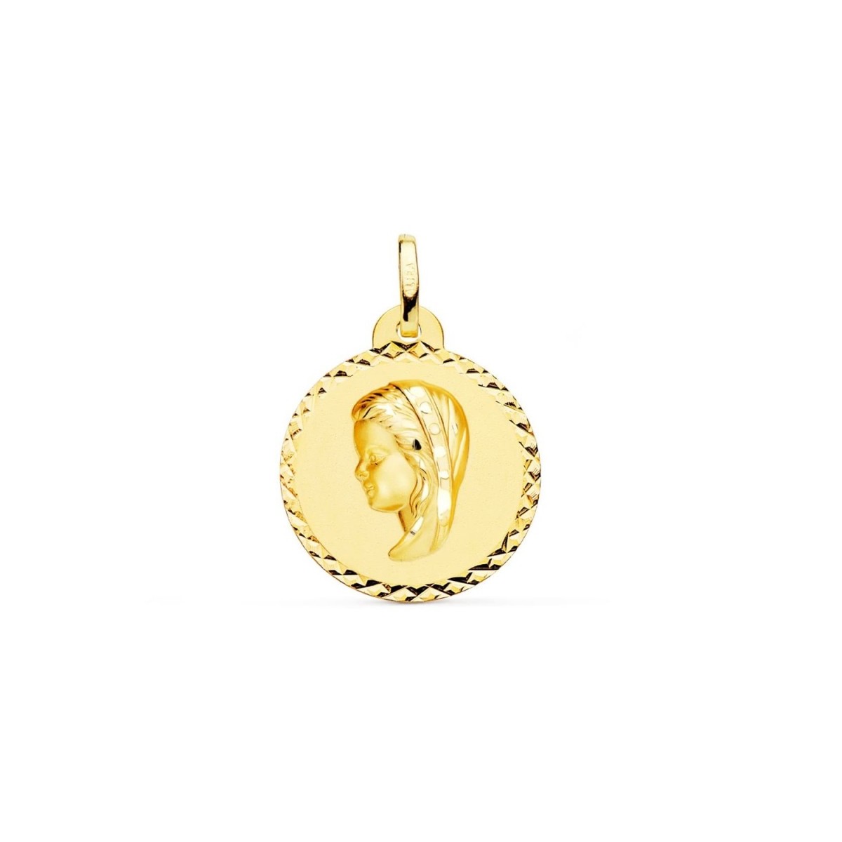 Virgen Niña medalla oro 18k Primera Comunión colgante 20 mm. bissel detalles tallados cruzados