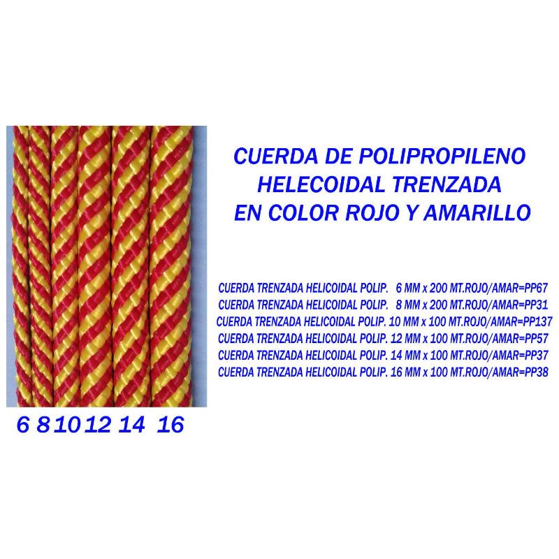 Cuerda trenzada helicoidal polip.   8 mm x 200 mt.rojo-amar pp31