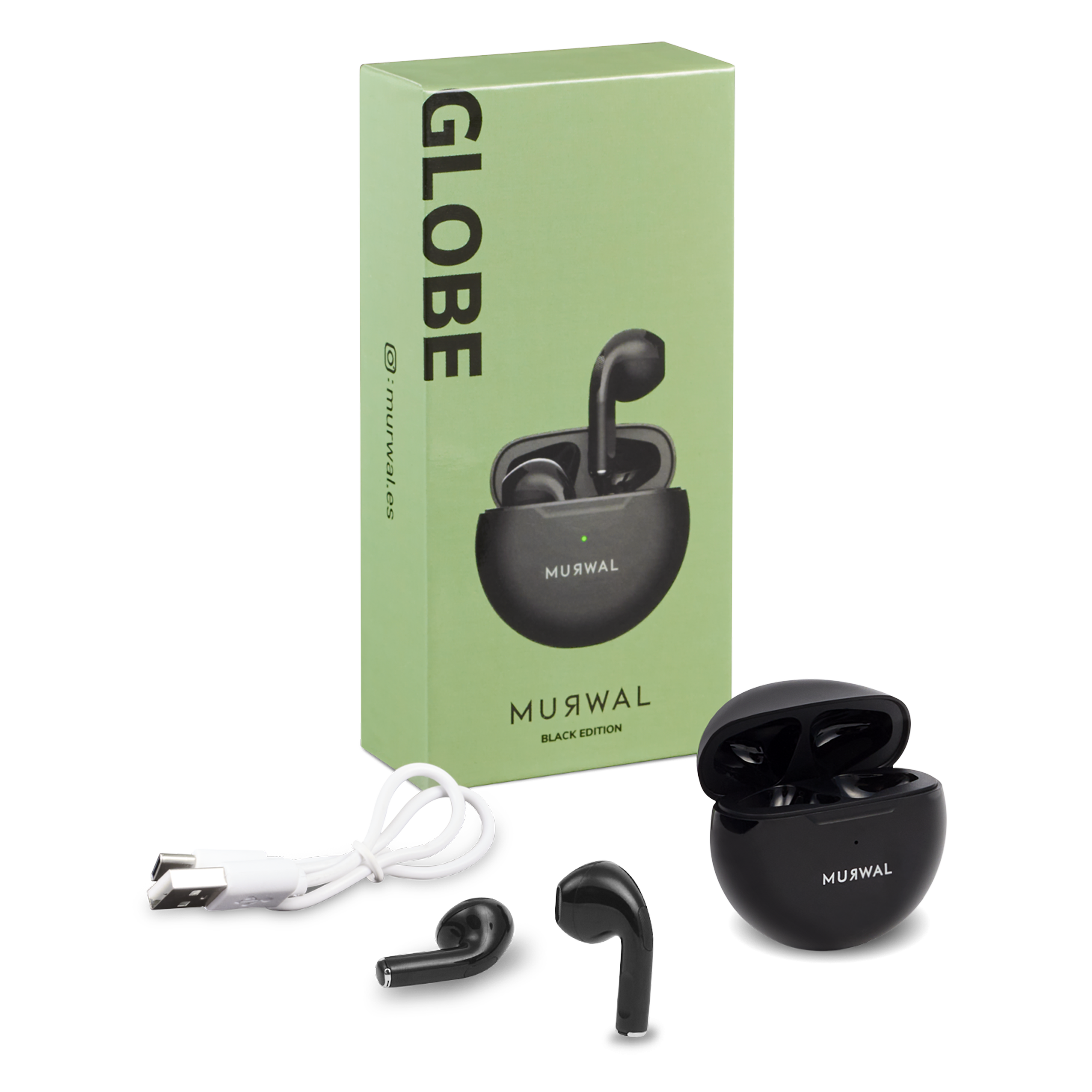 AURICULARES Bluetooth inalámbricos MURWAL GLOBE BLACK EDITION con microfono  20 Horas de reproducción, IPX5 Impermeable, reducción de Ruido para  Trabajar o Viajar ideales para el día a día Ajuste perfecto en oreja