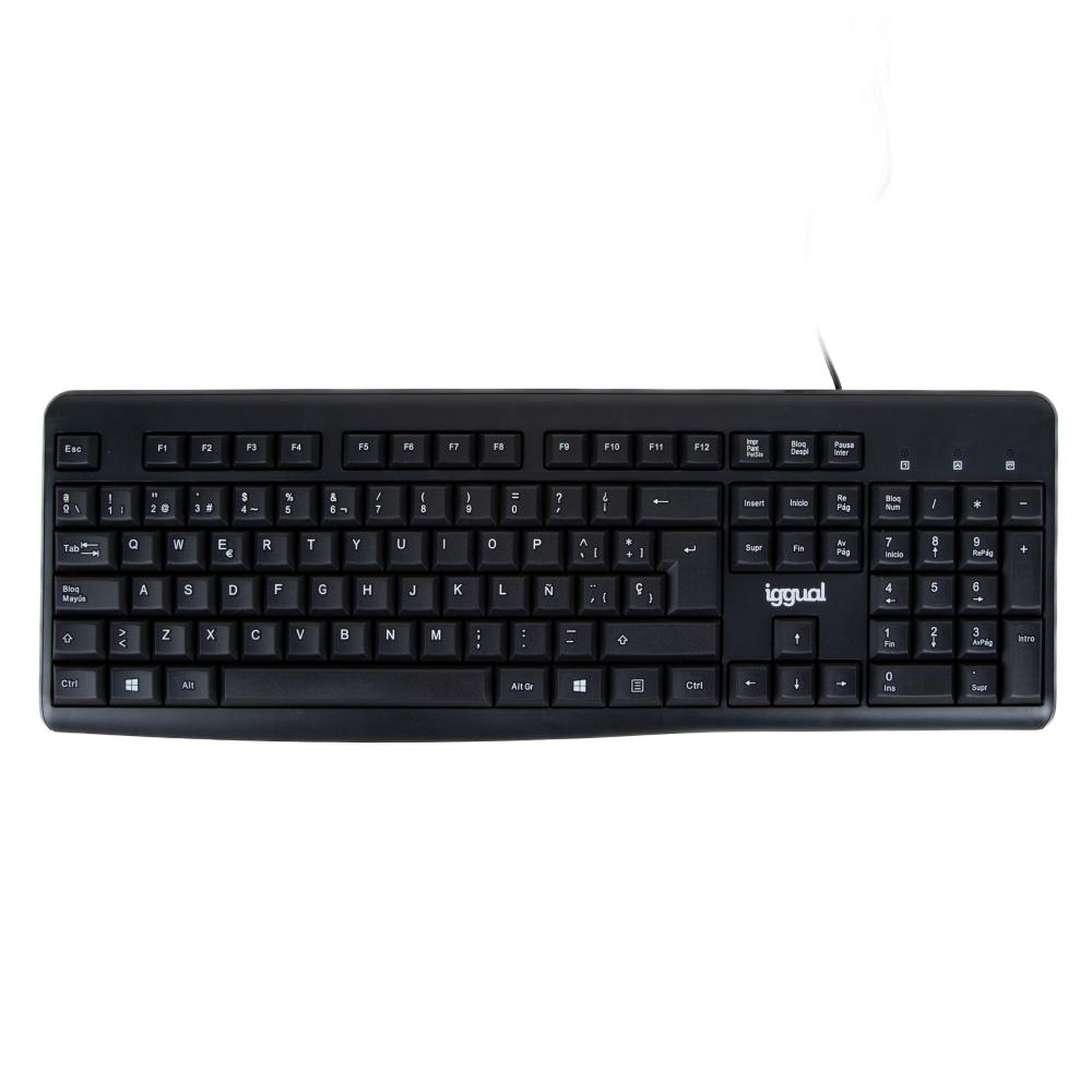 Iggual Standard Keyboard CK-BASIC2-105T Black, USB wired full-size QWERTY keyboard with 105 keys, adjustable height, and CE certification for Windows, MAC, and Linux compatibility.