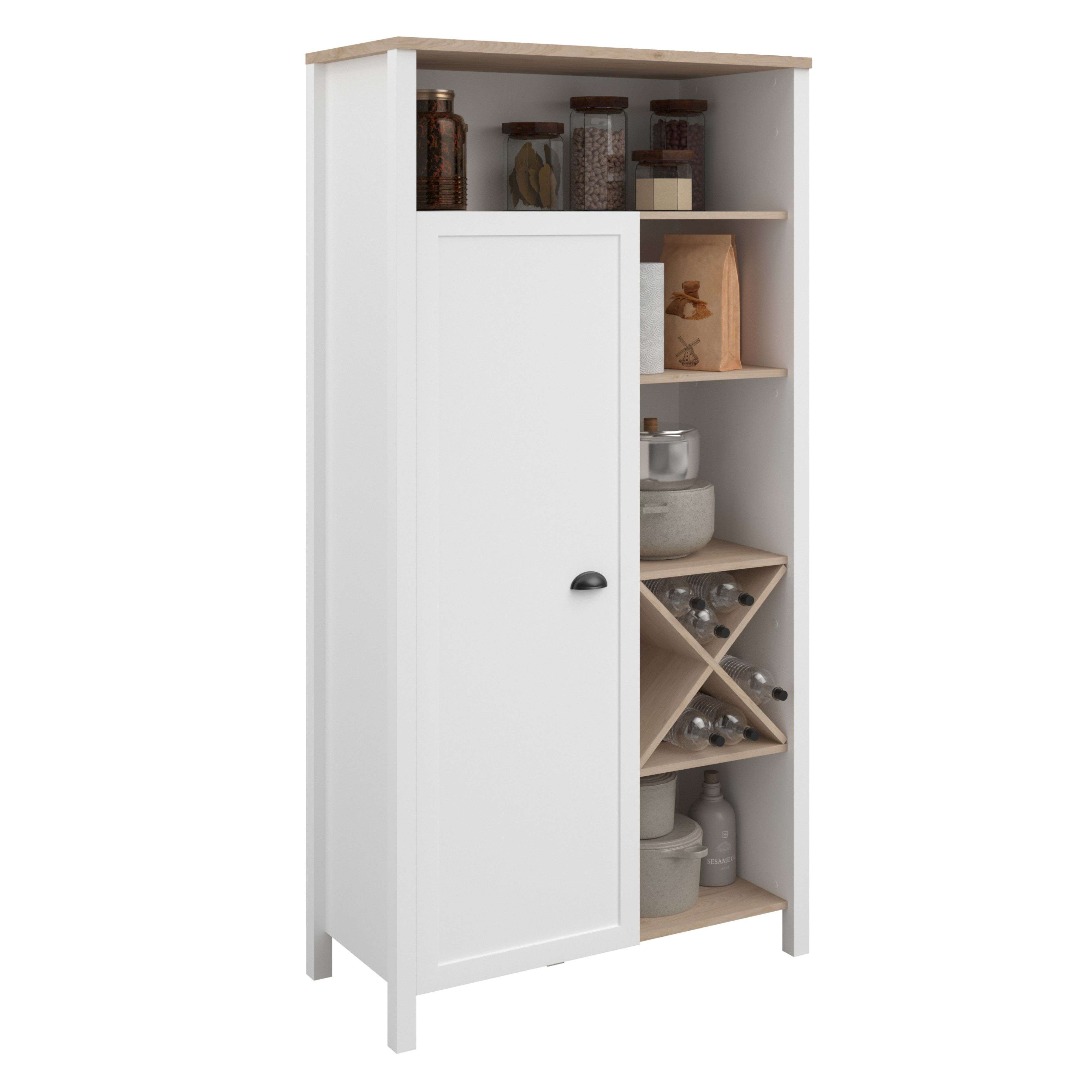 Miroytengo Buffet Alto Cocina con Botellero Coper 1 Puerta 9 estantes Estilo Nórdico Color Blanco y Roble Jackson 95x185 cm