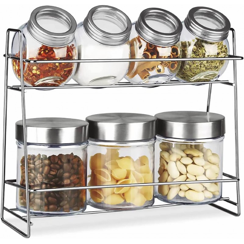 TIENDA EURASIA – Pack 7 Tarros de Cristal y Soporte Metálico, Tapa Hermetica, Tarros y Estanteria Metalica
