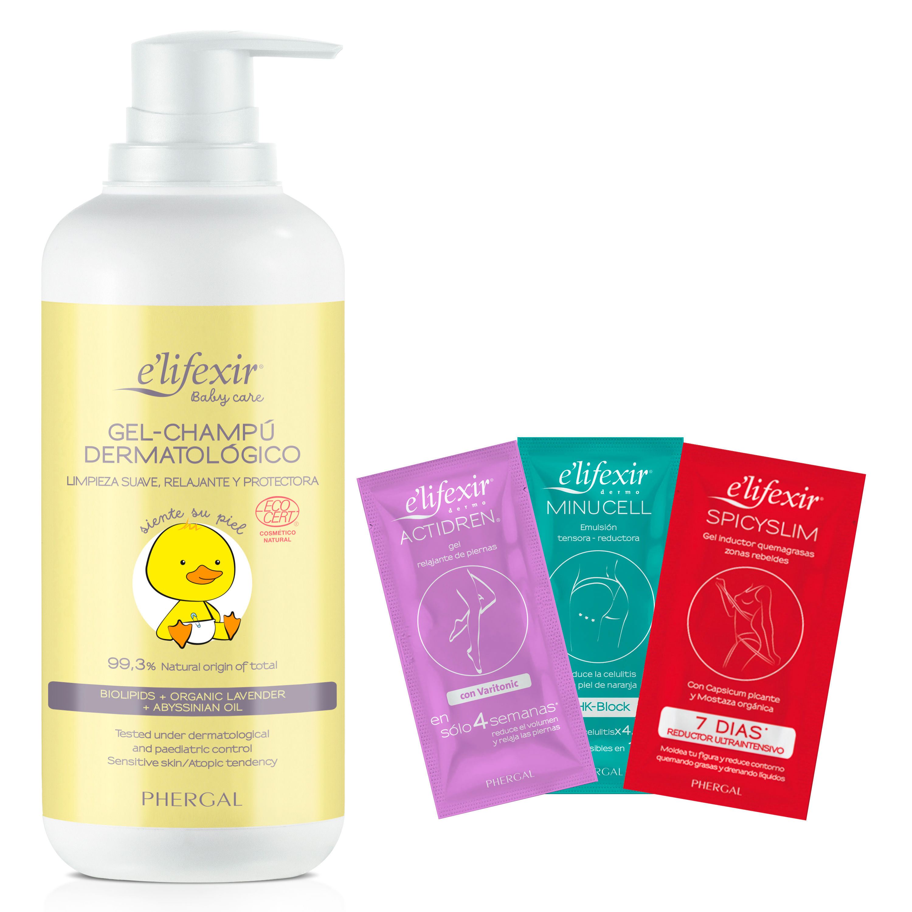 Elifexir ECO Baby Care Gel-Champú Dermatológico + Muestras, Reduce la Irritación y los Picores, Con 99% Ingredientes de Origen Natural, Certificado ECOCERT, Para Bebés y Niños Con +0 Años, 500 ml