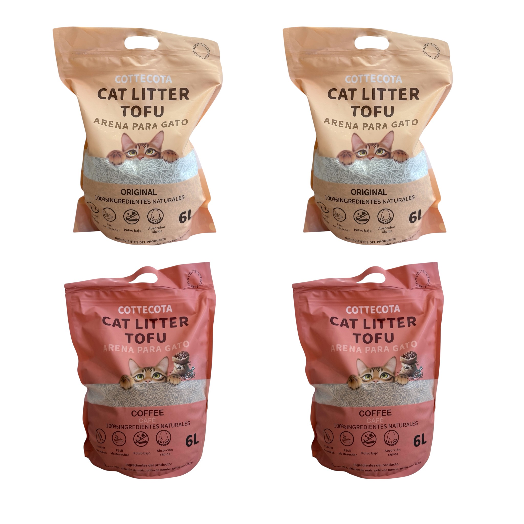 COTTECOTA - Pack 4 Arena Tofu para Gatos 6 L  Vainilla Lavanda Café Tofu ecológico Vegetal, Lecho natural para Gatos Libre de Polvo Arena Natural Aglomerante ,Arena para mascota vegetal absorvente , Arena de tofu para gatos antiolor y absorvente