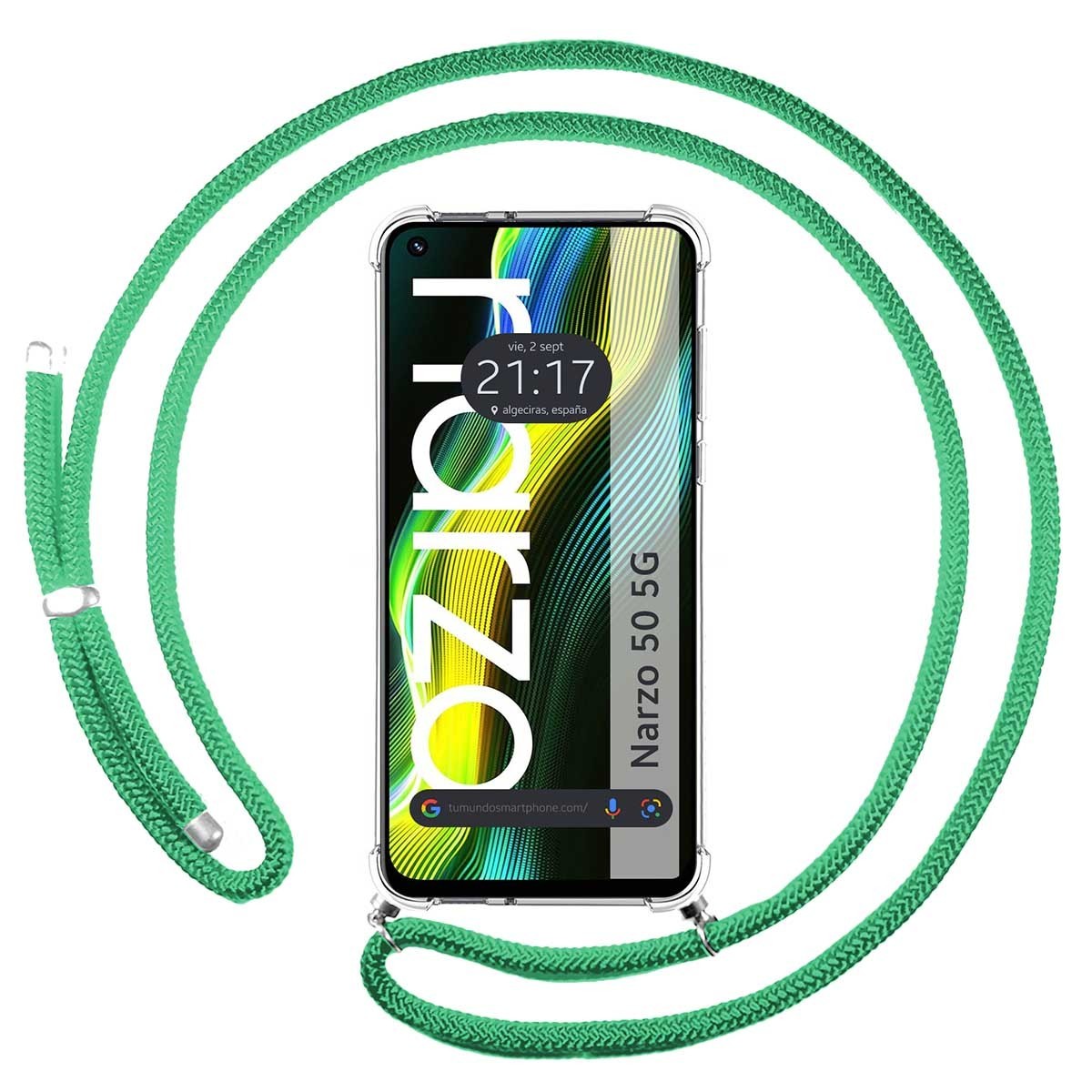 Tumundosmartphone Funda Colgante Transparente Realme Narzo 50 5G con Cordon Verde Agua - Protección Móvil