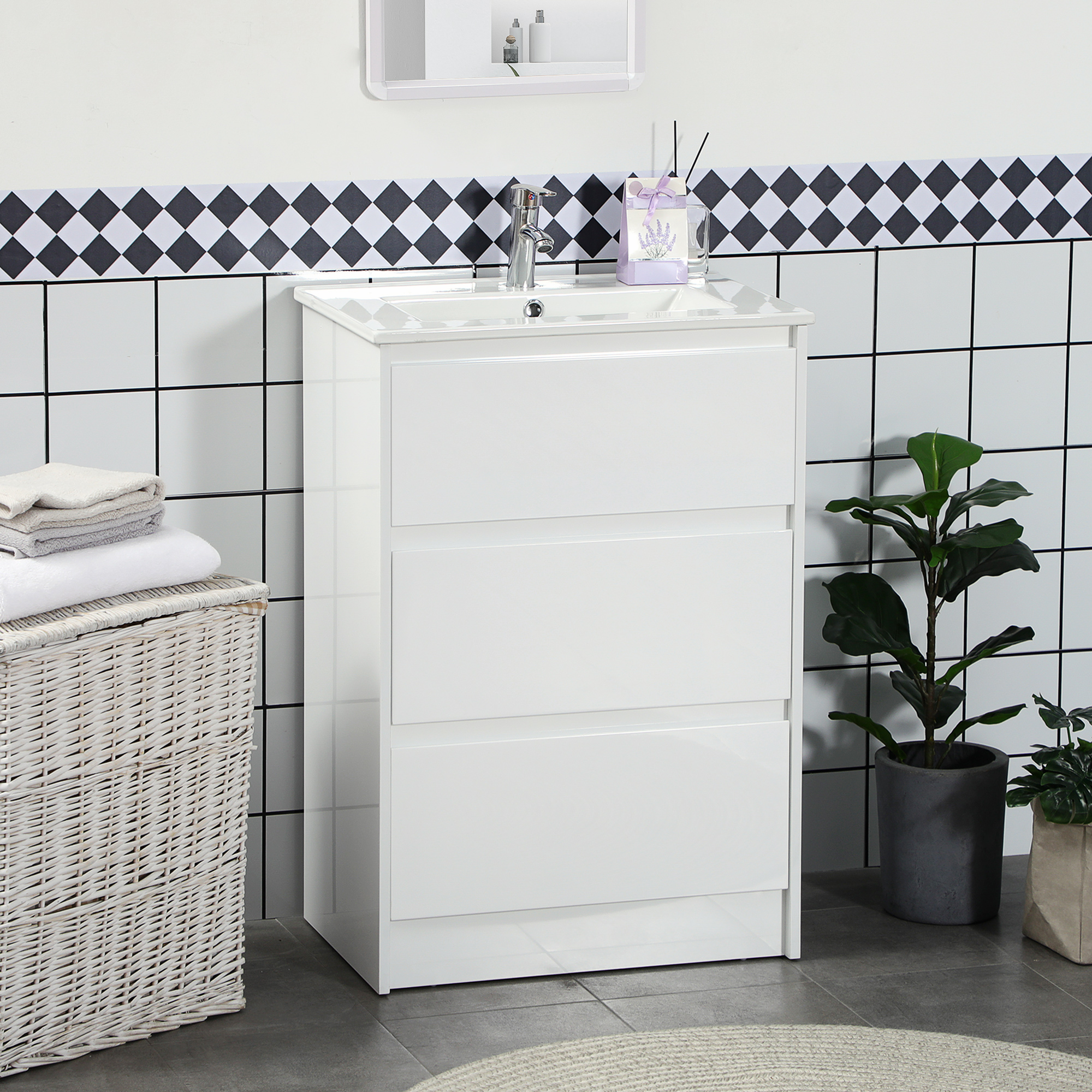 Armario bajo para baño Kleankin madera natural, blanco 32,6x30x90 cm