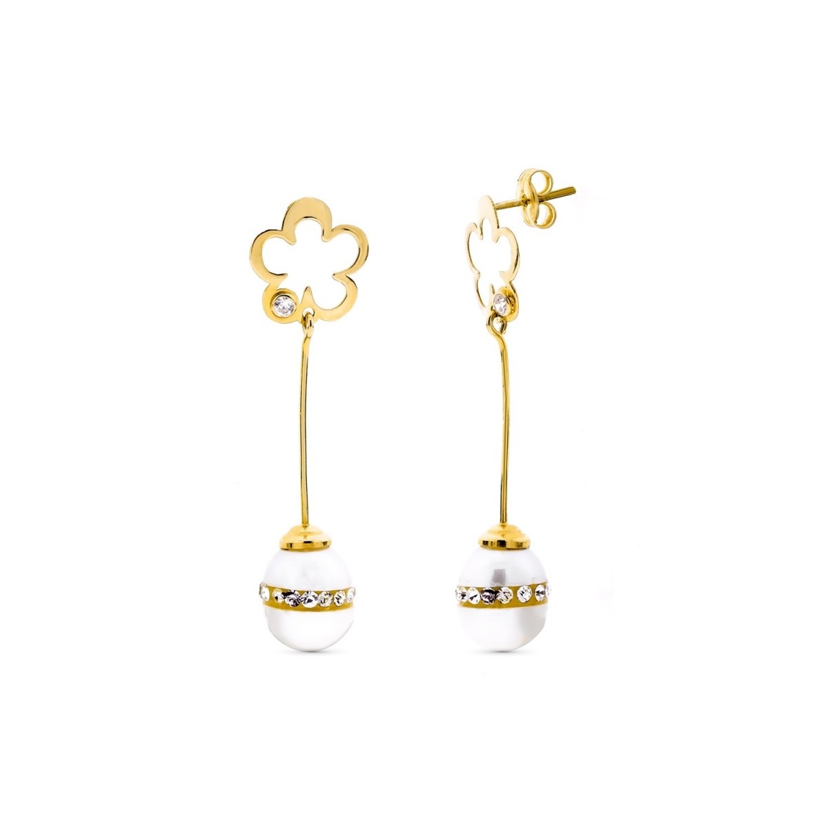 Pendientes oro 18k mujer largos flor calada barra vertical combinada perlas presión