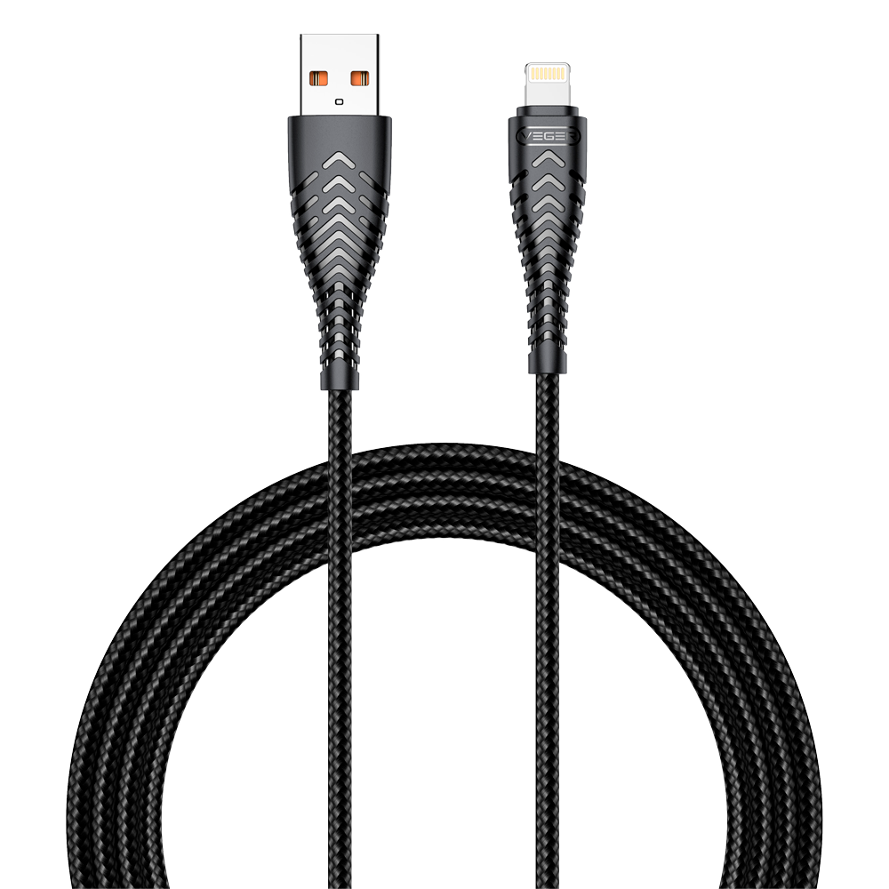 Veger - Cable USB2.0 - USB-A a Lightning - Cubierta de plástico, Nylon trenzado - Longitud 1.2m - Color negro