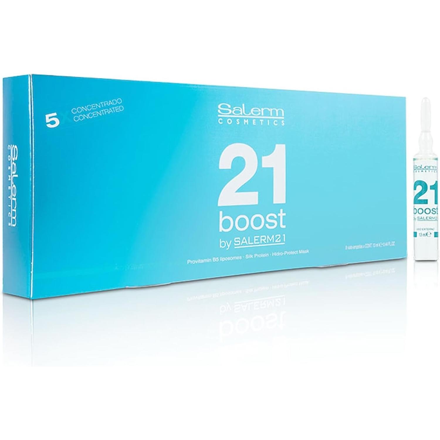 Salerm Cosmetics 21 Boost 8x13 Ml. / Mascarilla capilar concentrada para una reparación intensa. Con efecto botulínico que fortalece la fibra capilar. Actúa como escudo antipolución y ofrece protección térmica.