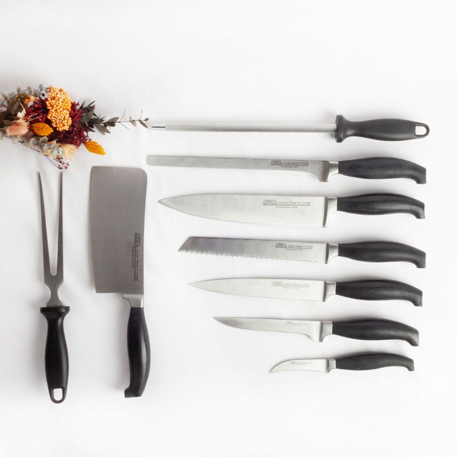Juego de cuchillos de cocina en acero inoxidable profesional HORECA 13/0 con chaira afilador y tenedor de trinchar (9 piezas) Baviera Holstein, incluye funda de transporte, Forjado CRC Juegos de cuchillos de cocina Ofertas  CRC menaje