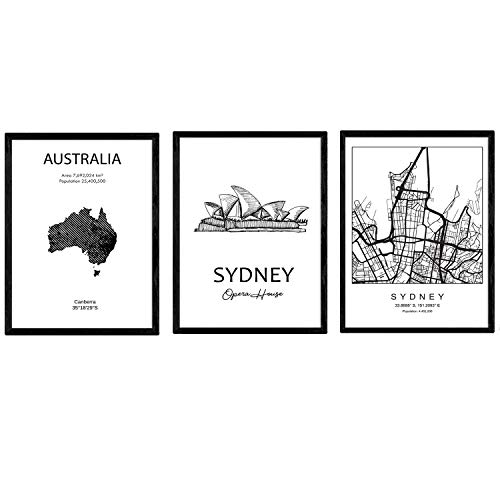 Nacnic - Pack de Posters de Países y Monumentos - Mapa Ciudad Sidney - Monumento Harbour Bridge - Mapa Australia B