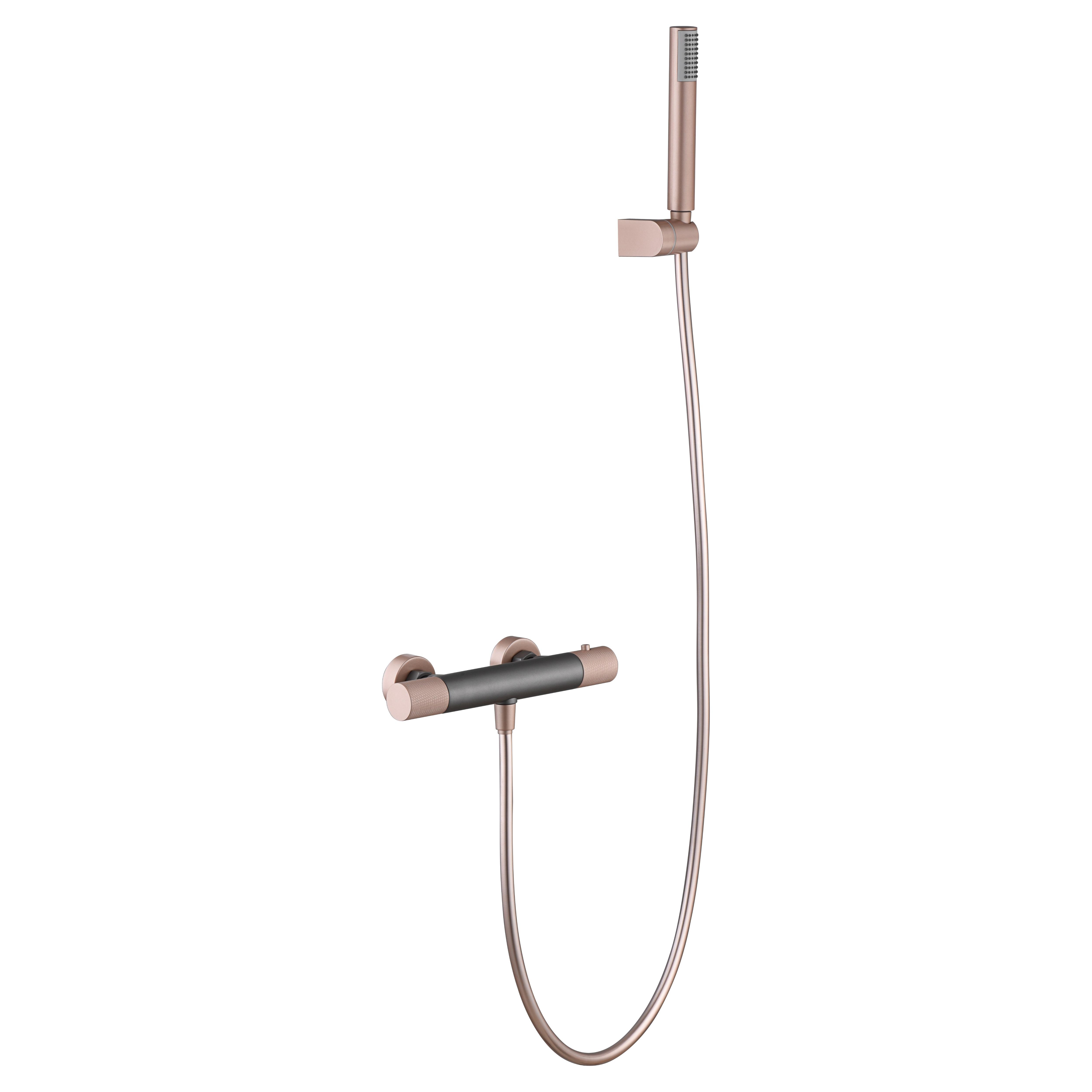 IMEX - Grifo Ducha Termostatico con Alcachofa y Flexo  Grifo de Bañera y Ducha con Soporte para Alcachofa  Grifería Ducha con Caudal de 12L/min  Serie Line  Color Gris Champagne