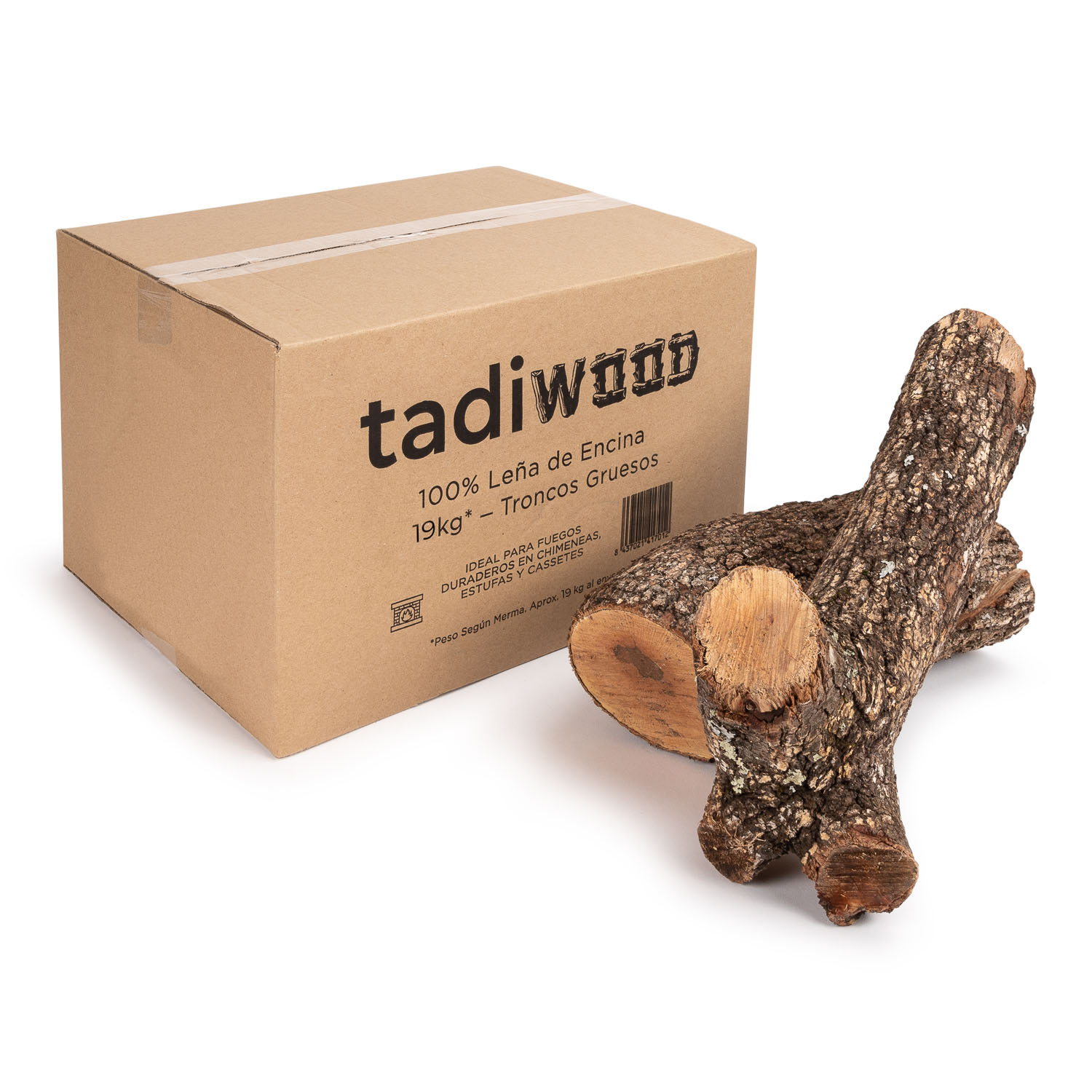 tadiwood 19kg de Encina. Troncos Gruesos Ideales para Chimeneas, Calderas, Estufas y Fuegos Duraderos en General. Leña Seca y de Poda Controlada. Hecho en España.