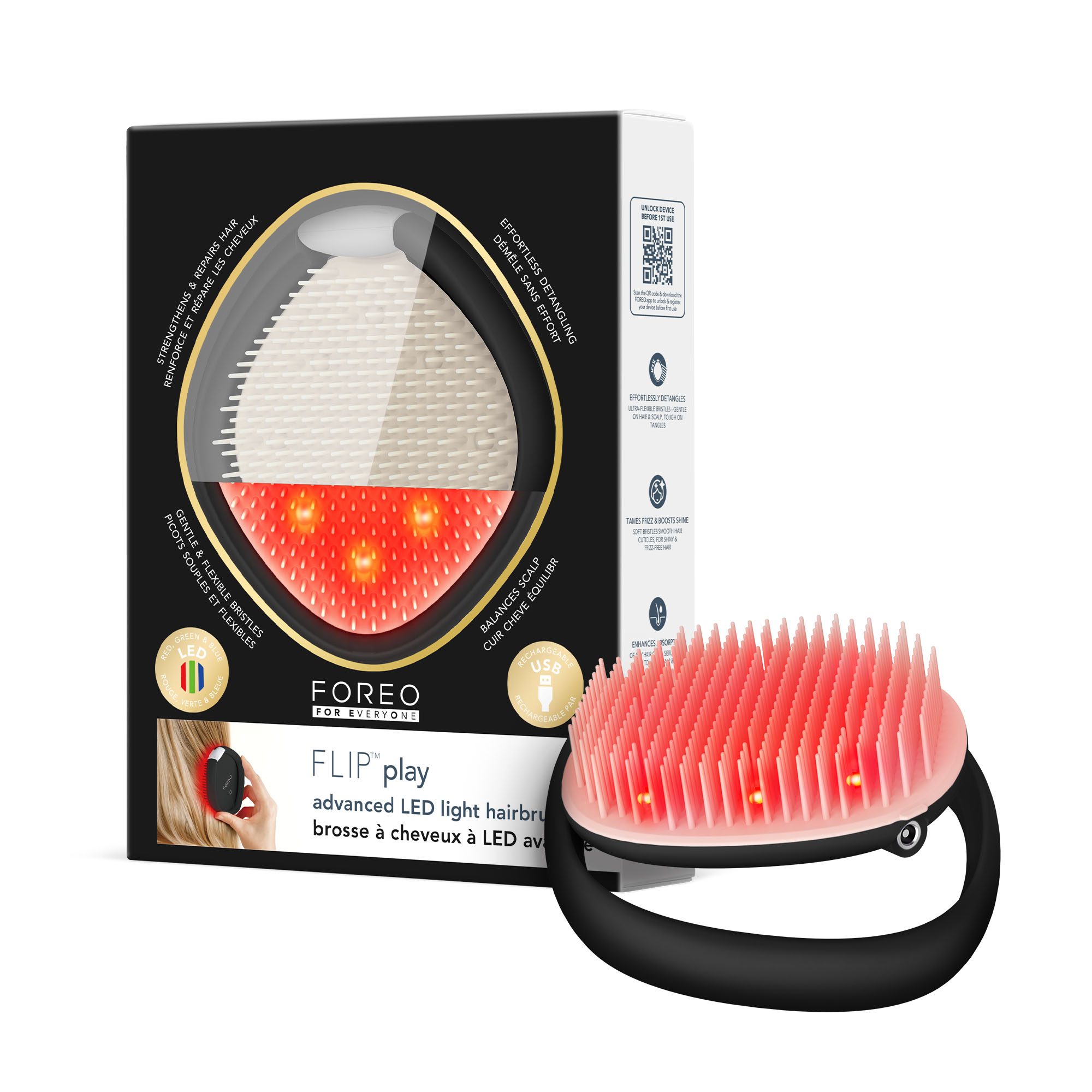FOREO FLIP Play Cepillo Antitirones y Cepillo Desenredante Sin Tirones con LED Avanzado 3-en-1 – Masajeador de Cuero Cabelludo con Luz Roja, Azul y Verde para Cabello con Aspecto Más Fuerte y Denso
