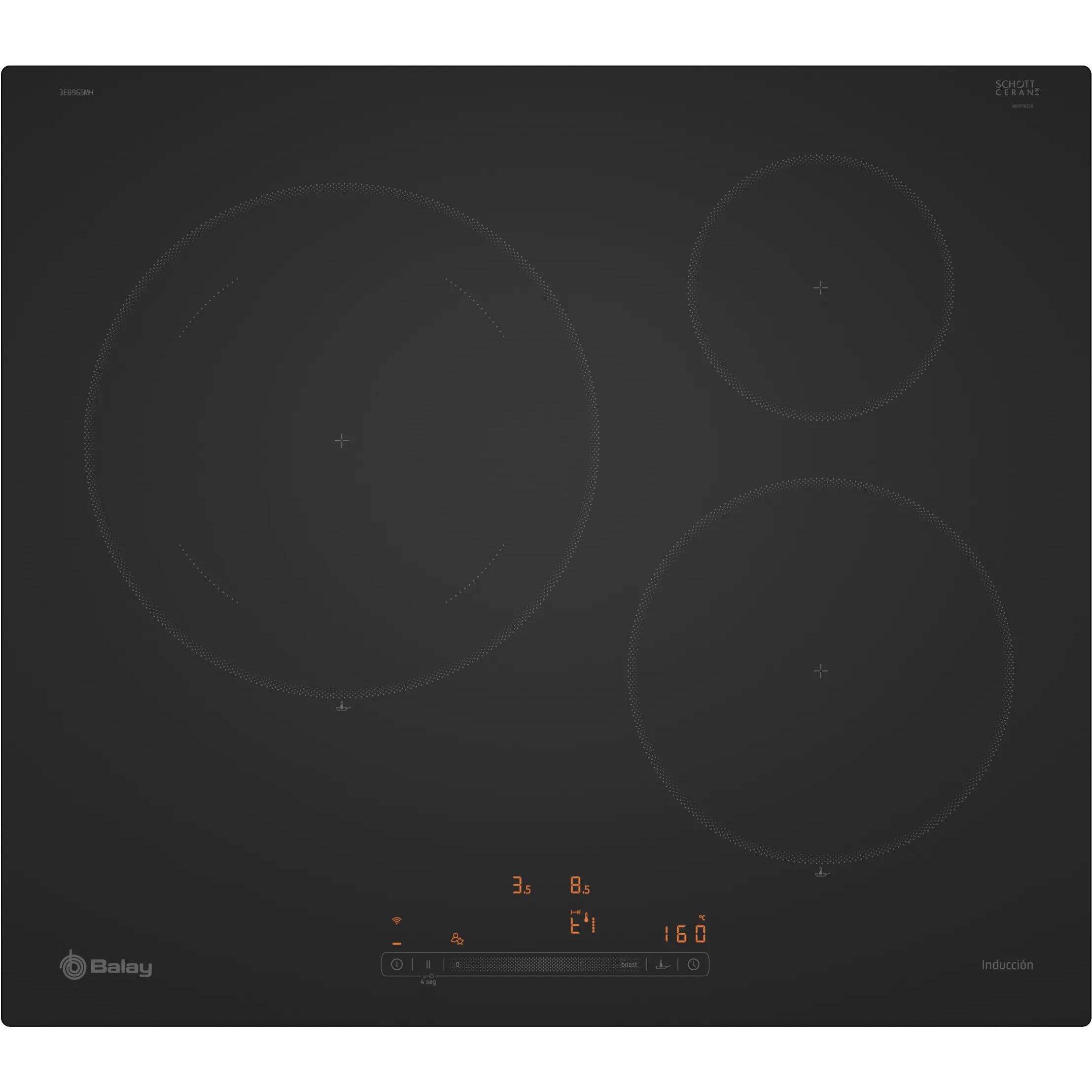 Placa de Inducción 60cm BALAY 3EB965MH  | zonas 3, Fuego 28cm, 7,4W, Negro mate, Control Deslizante, Botón Favorito