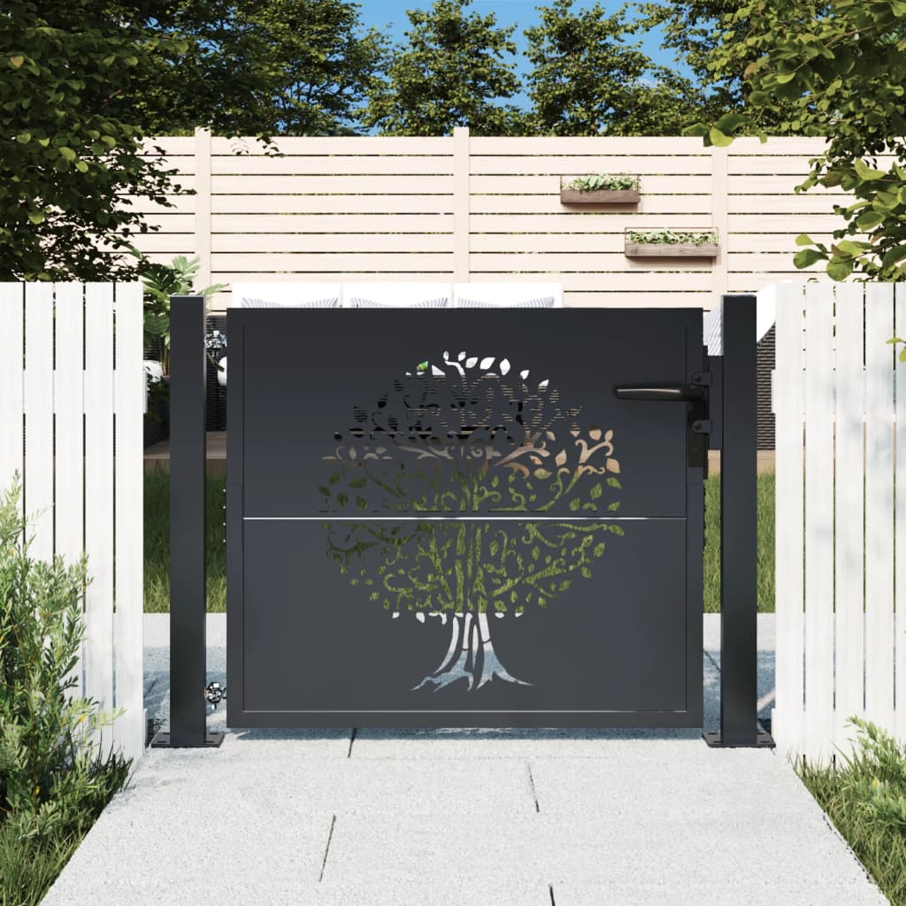 vidaXL Puerta de Jardín Verja con Cerradura Acero Gris Antracita Diseño Árbol Dimensiones 105 x 80 cm,  105 x 105 cm,  105 x 130 cm y mas