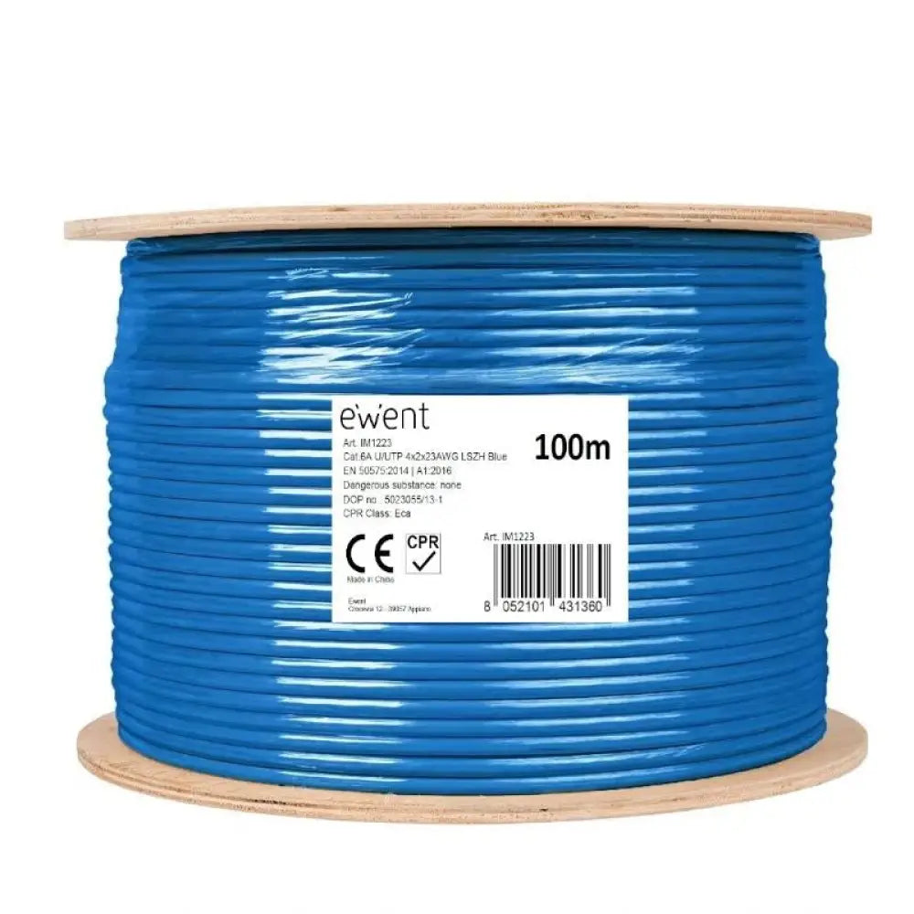 Cable de red Ewent IM1223 Cat6A 100m U/UTP Azul LSZH Eca PoE cobre sólido 500MHz
