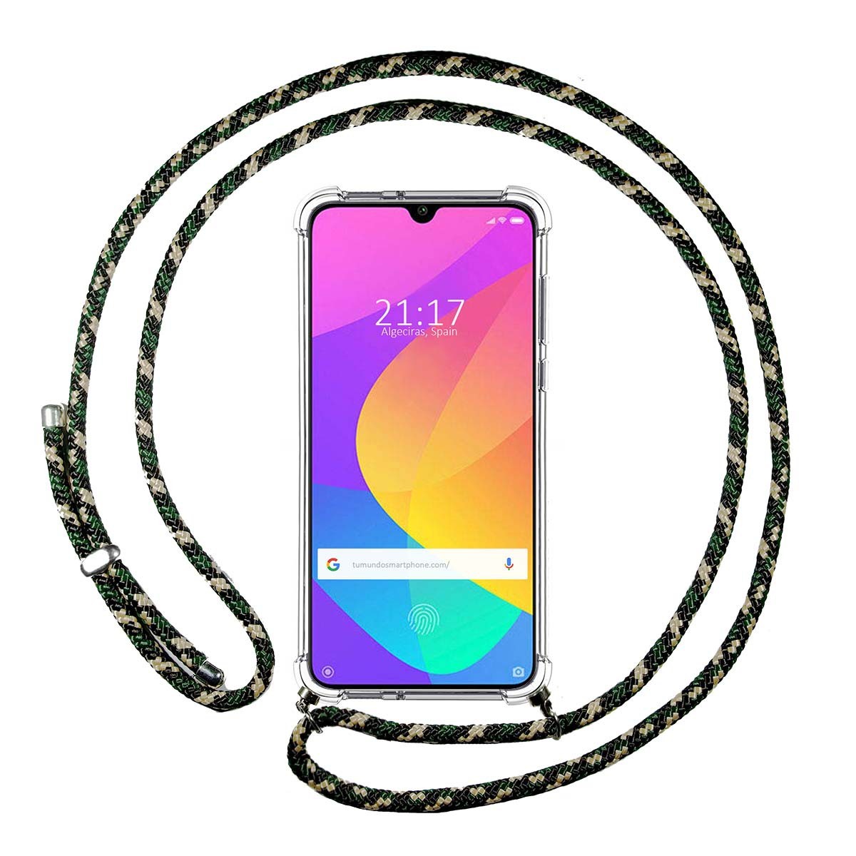Tumundosmartphone Funda Colgante Transparente para Xiaomi Mi A3 con Cordon Verde / Dorado