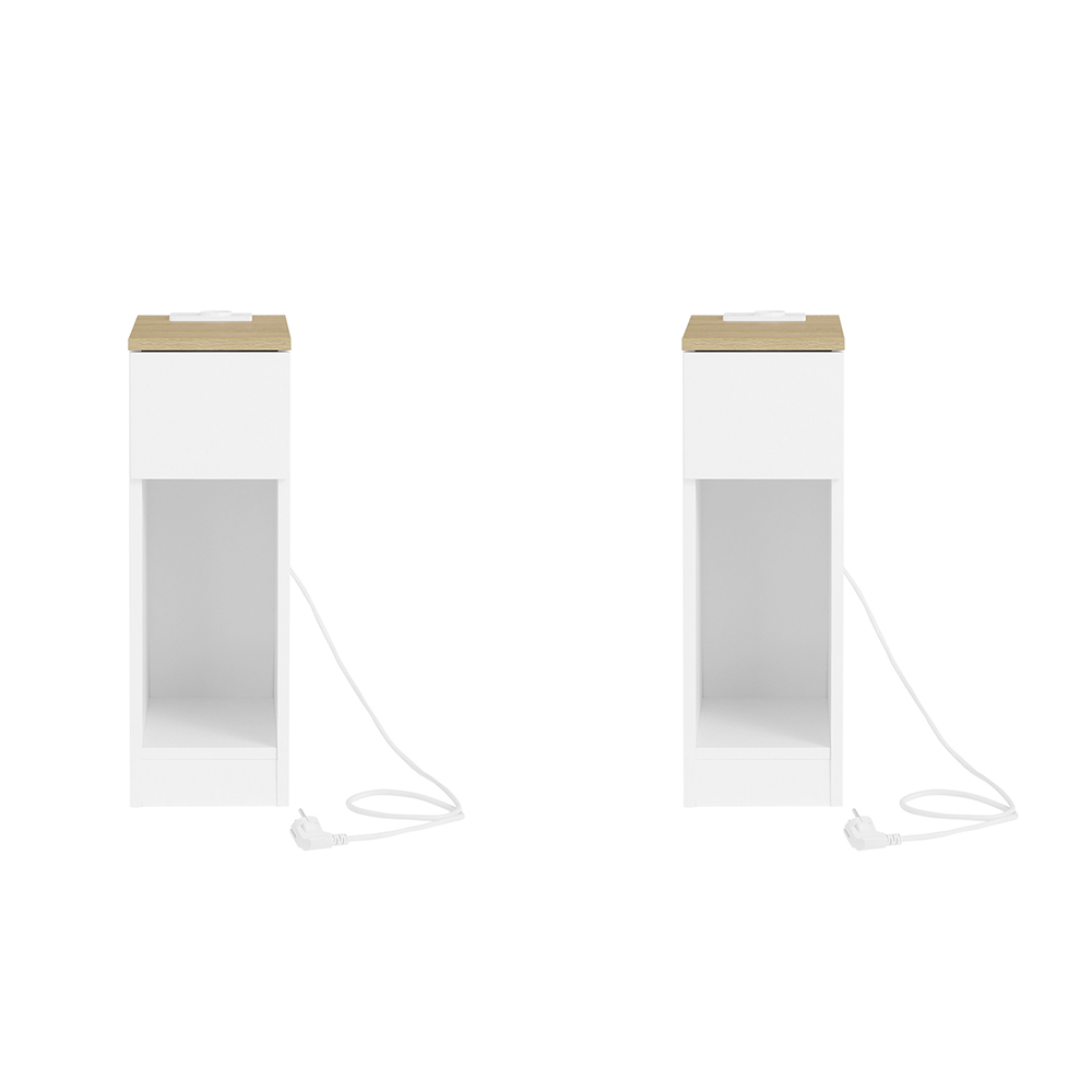SoBuy Mesita de noche delgada con enchufe, USB y Tipo-C, MDF blanco/madera, 20x35x60 cm