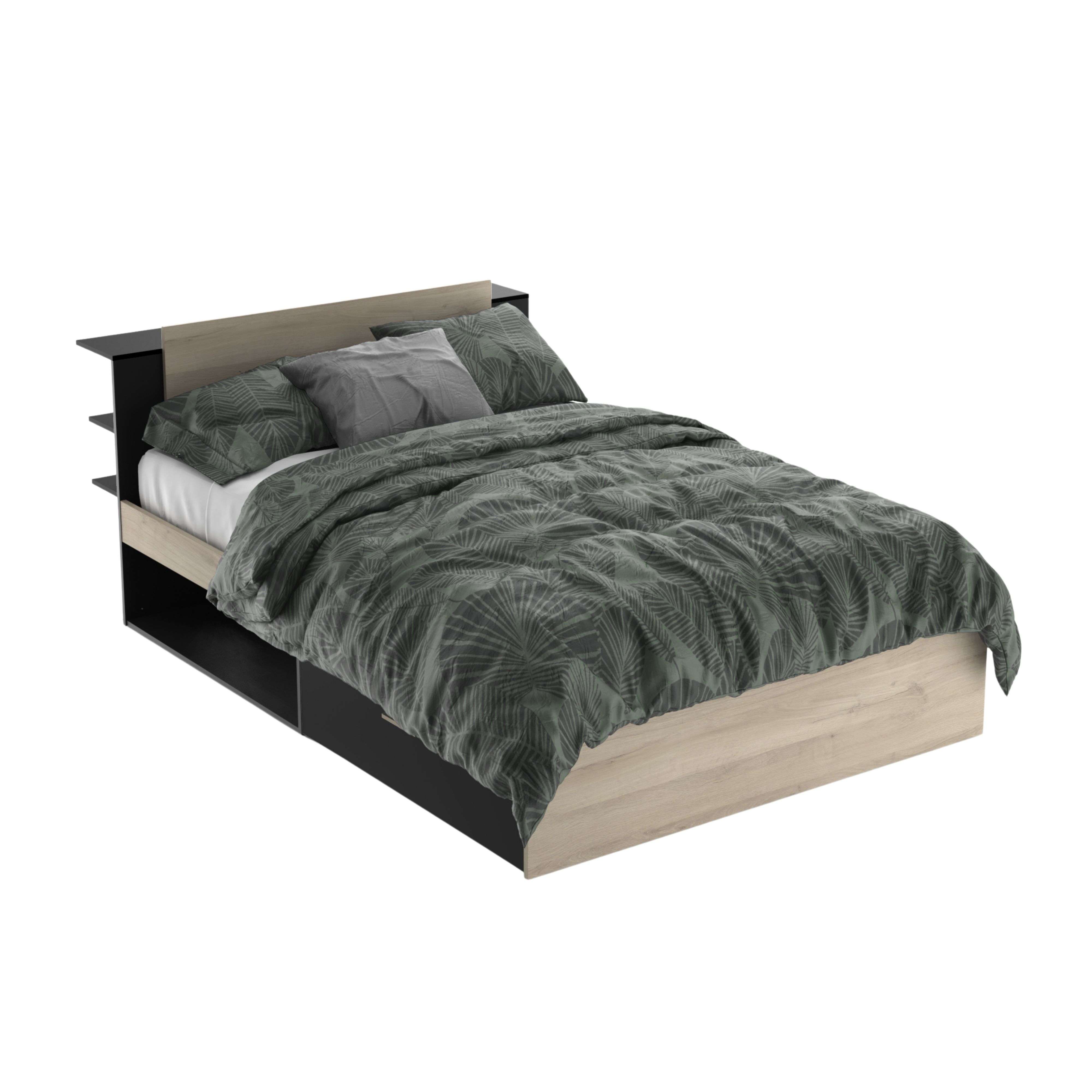 Miroytengo Cama matrimonio Life en color roble Kronberg y negro mate con cabecero y 2 cajones 135/140x190/200 cm
