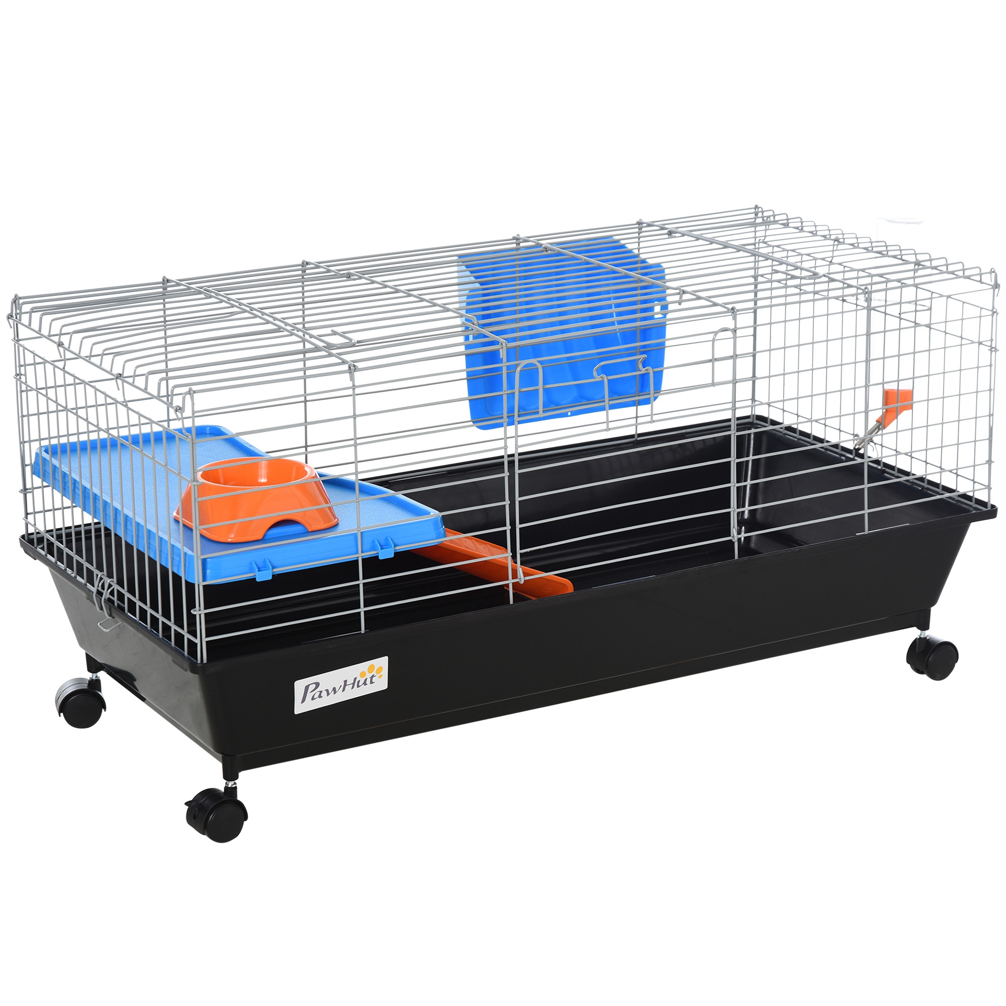 PawHut Jaula para Animales Pequeños, Jaula para Roedores con Ruedas, Botella de Agua, Comedero, Dispensador de Heno, Plataforma, Rampa, Bandeja Extraíble, para Conejos y Cobayas, 89x44x43 cm, Negro