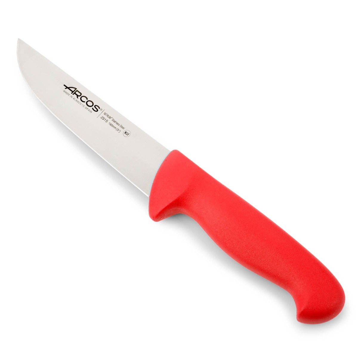 Arcos Cuchillo carnicero Acero Inoxidable Nitrum y Hoja 200 mm. Cuchillo cocina profesional para cortar carne, pescado y verduras. Mango ergonómico polioximetileno. Serie 2900. Color rojo.