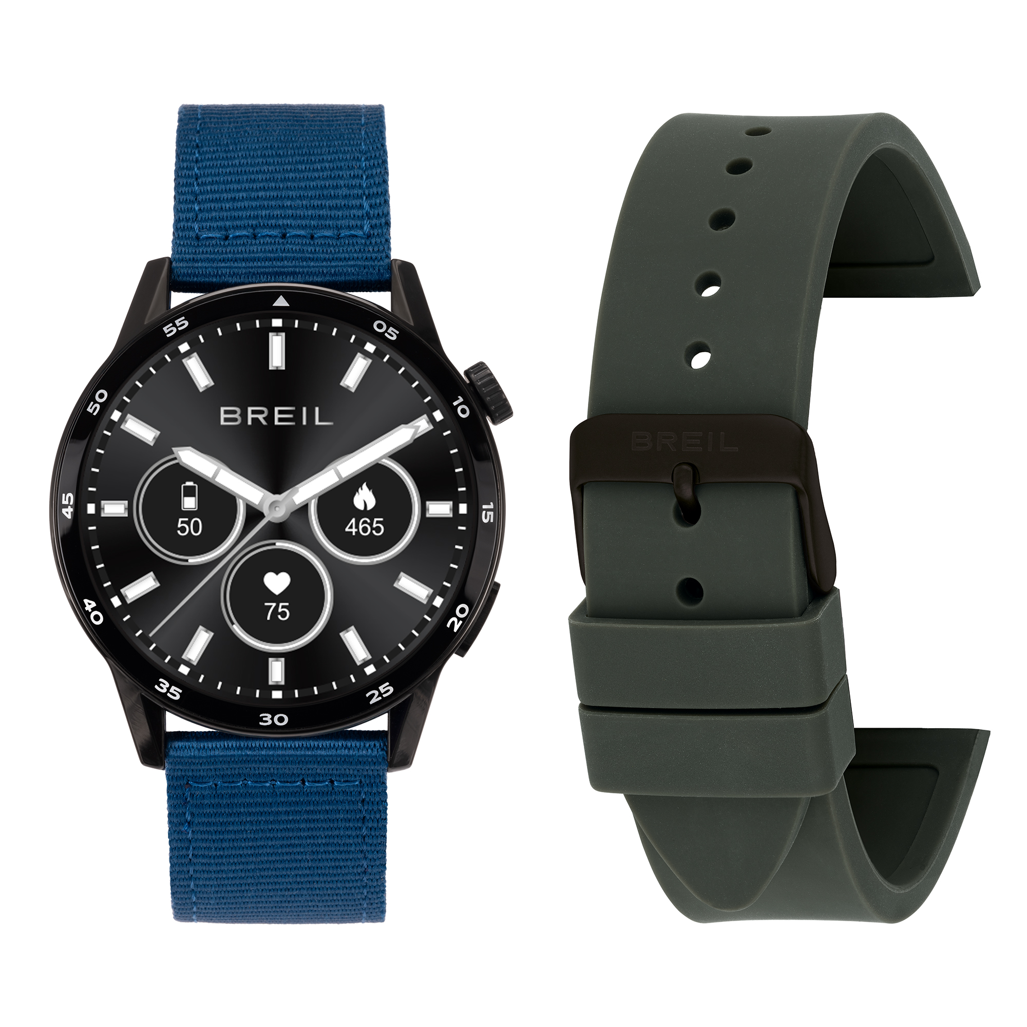 Reloj BREIL TW2095 MAN BC-2 Exfera NEGRA MONOCHROMÁTICA movimiento SMARTWATCH SMARTMODULE y CORREA DE SILICONA WITH TELA AZUL Y NEGRA