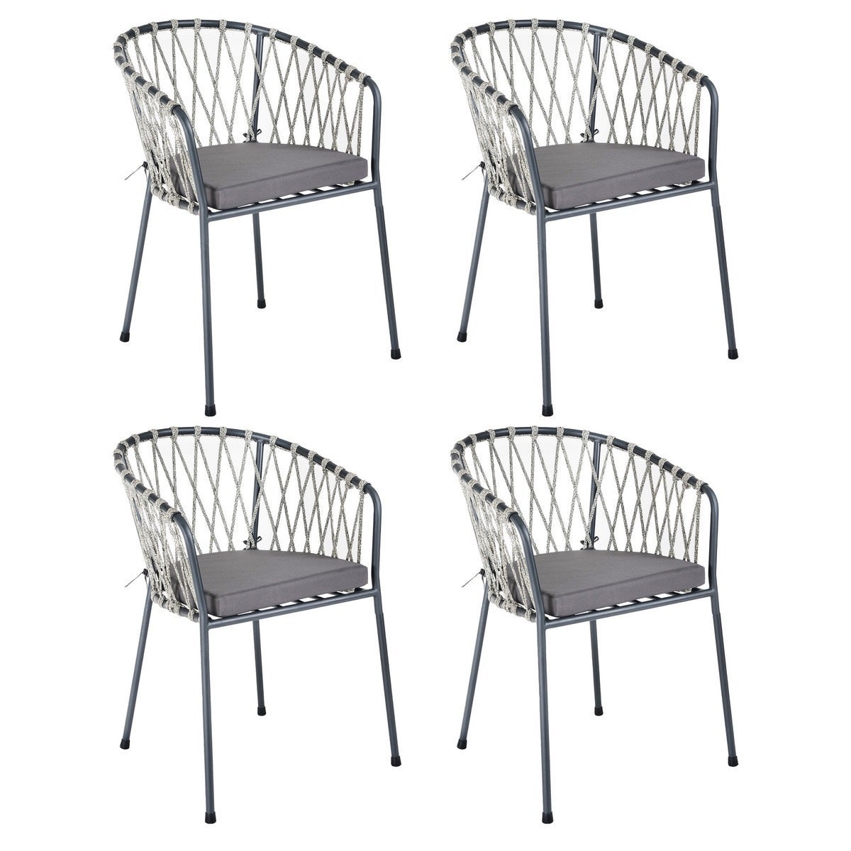 Pack de 4 sillas de jardín con cojín de acero y cuerda técnica LOLAhome