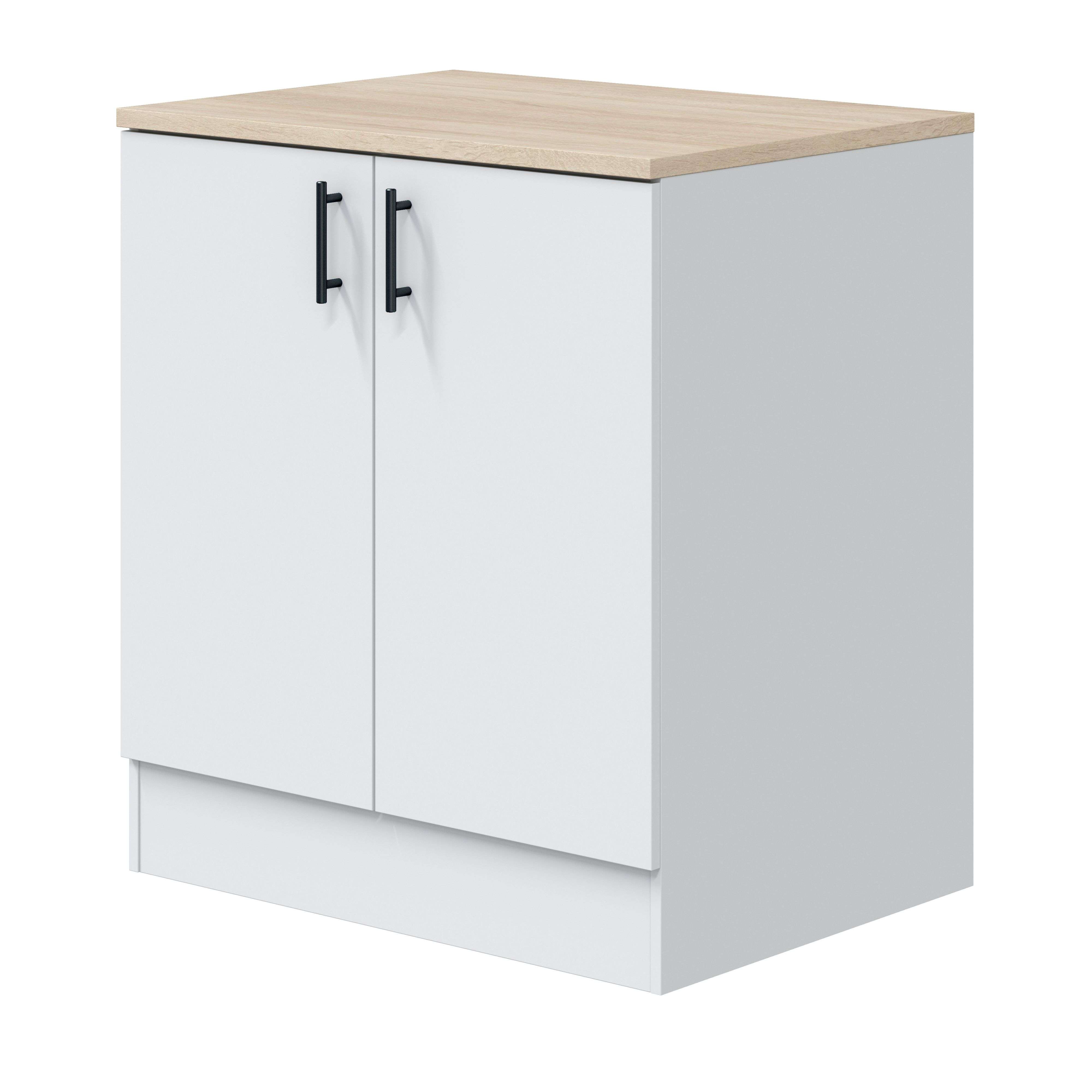 Pack de Muebles de Cocina Kira Modular en Blanco Brillo y Roble Canadian con Fregadero 4 Módulos Puertas Cajones Estantes
