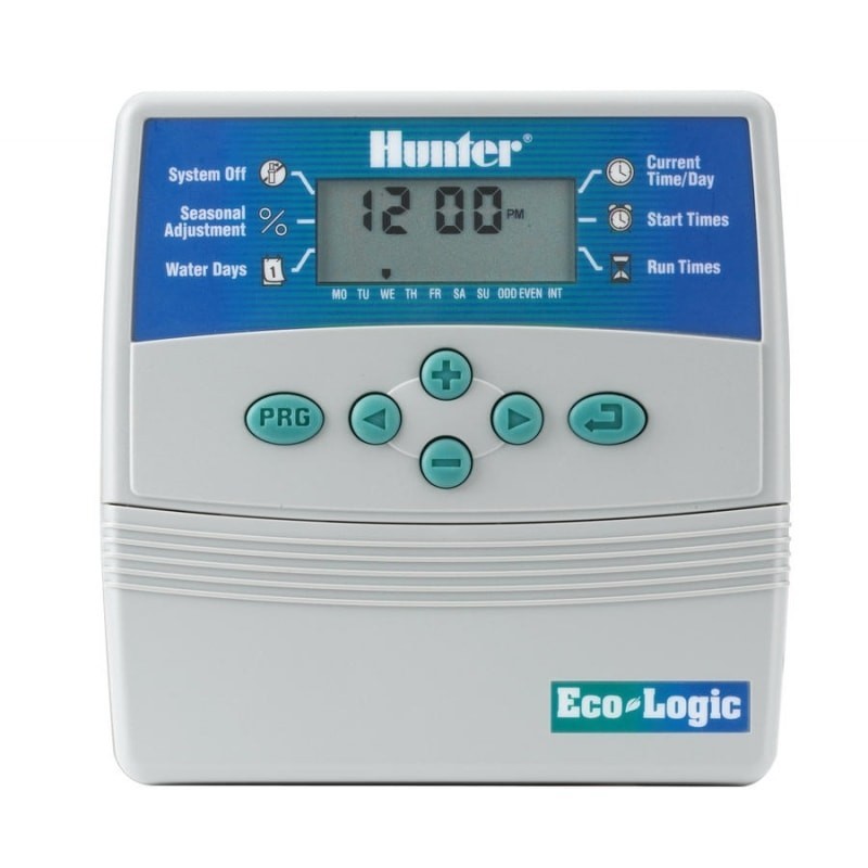 Programador de riego Hunter Eco Logic de interior. Disponible en 4 y 6 estaciones de riego. 24V AC para jardines y pequeñas superficies.