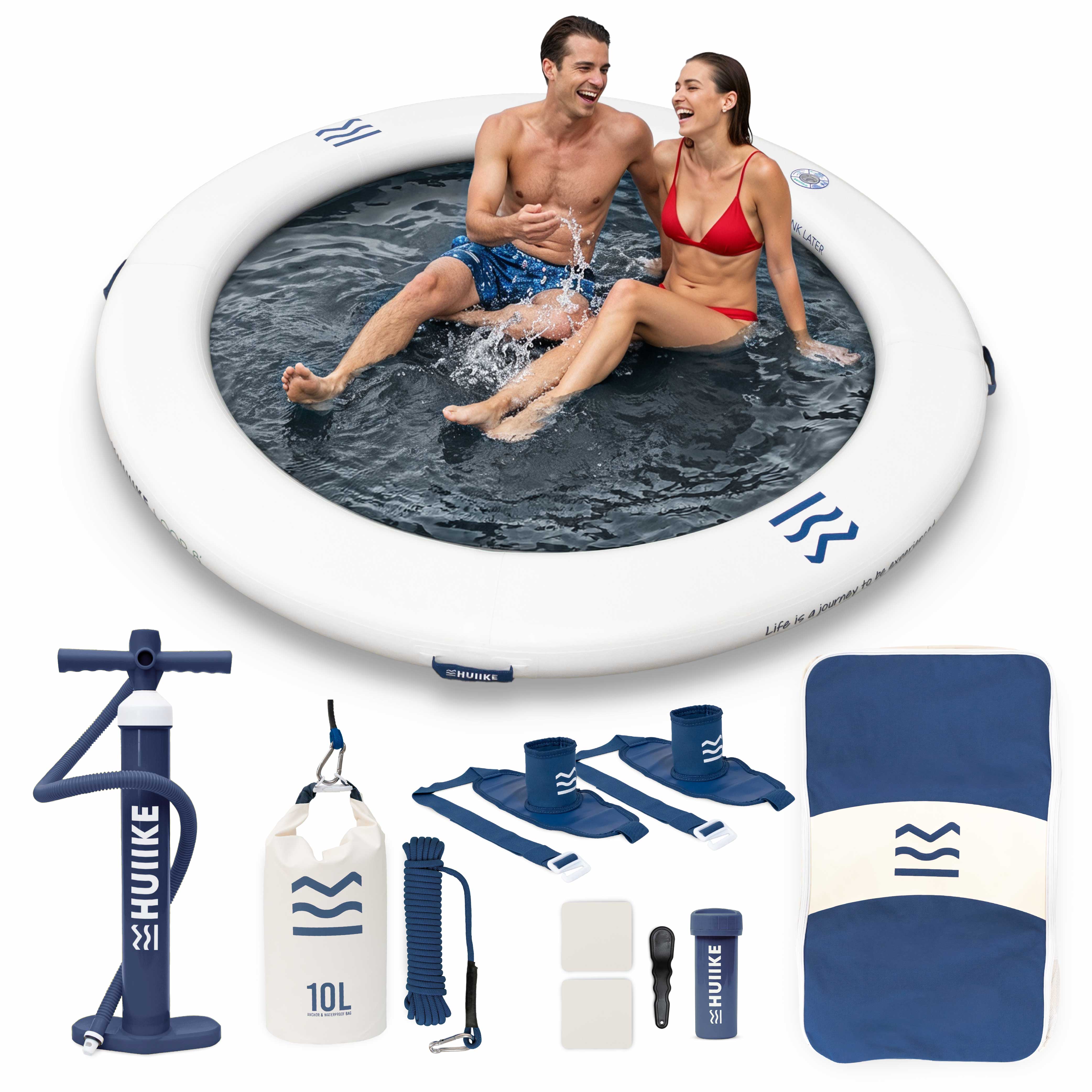 HUIIKE Anillo Hinchable de 2,44 m para 4 Personas y hasta 280 kg con Accesorios Incluidos, Inflador, Ancla de Arena, 2 Soportes para Bebida y Mochila. Plataforma Flotante para Adultos y Niños