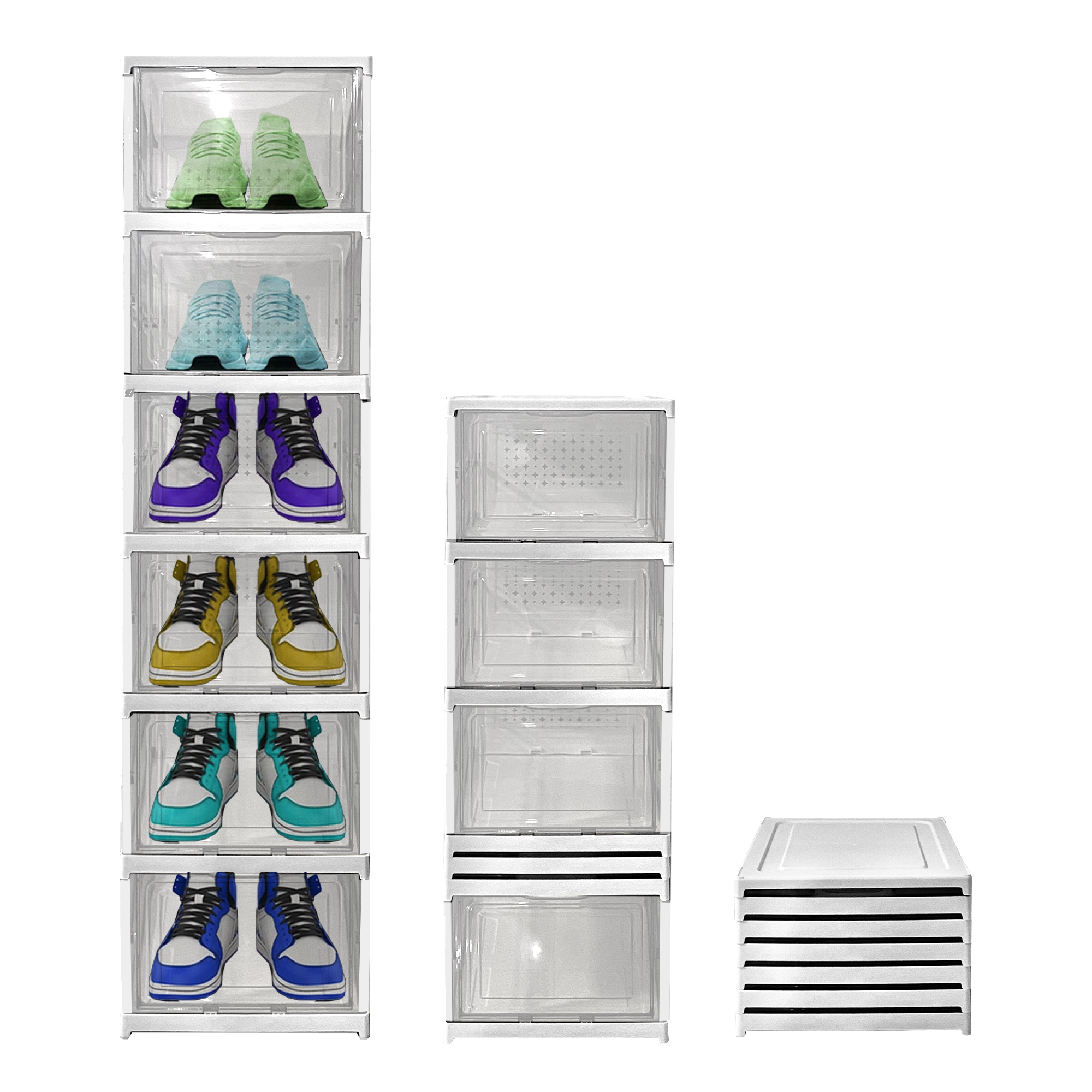 Zapatero Estantería Plegable 6 Niveles | Organizador de Zapatos Transparente, Blanco o Negro | Caja Apilable sin Montaje para Zapatillas, Botas y Tacones | Protege del Polvo y Ahorra Espacio en Recibidor, Dormitorio o Armario