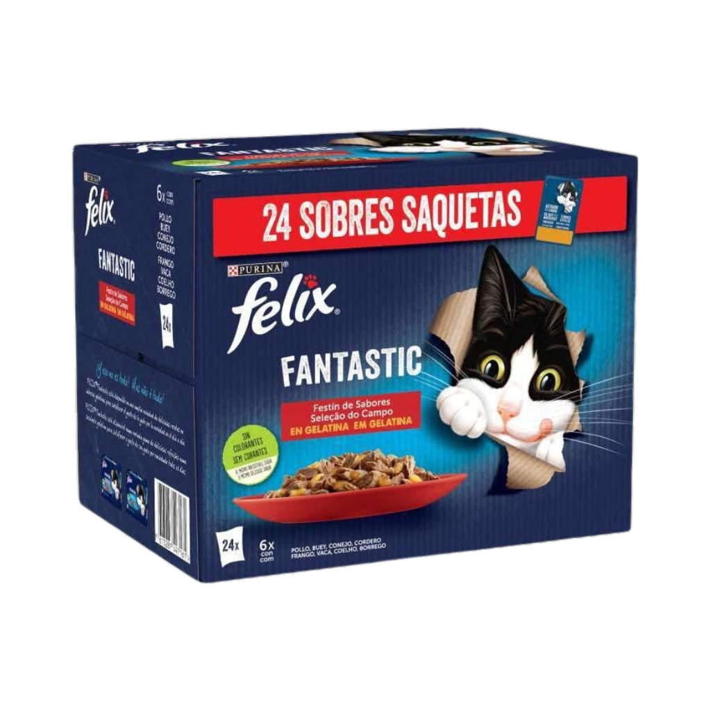 FELIX Fantastic Festín de Sabores en Gelatina (24x85 gr) - Alimento Húmedo Completo para Gatos Adultos (Buey, Pollo, Conejo y Cordero)