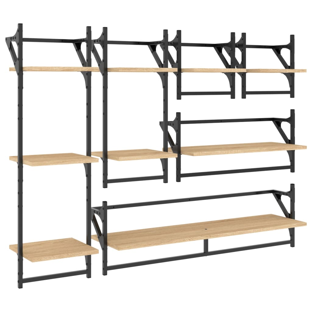 Vidaxl Estantes de Pared con Barras en Madera de Ingeniería, Juego de 6 en Negro y Roble Sonoma - Estantería para Oficina, Estudio, Sala de Estar, Dormitorio