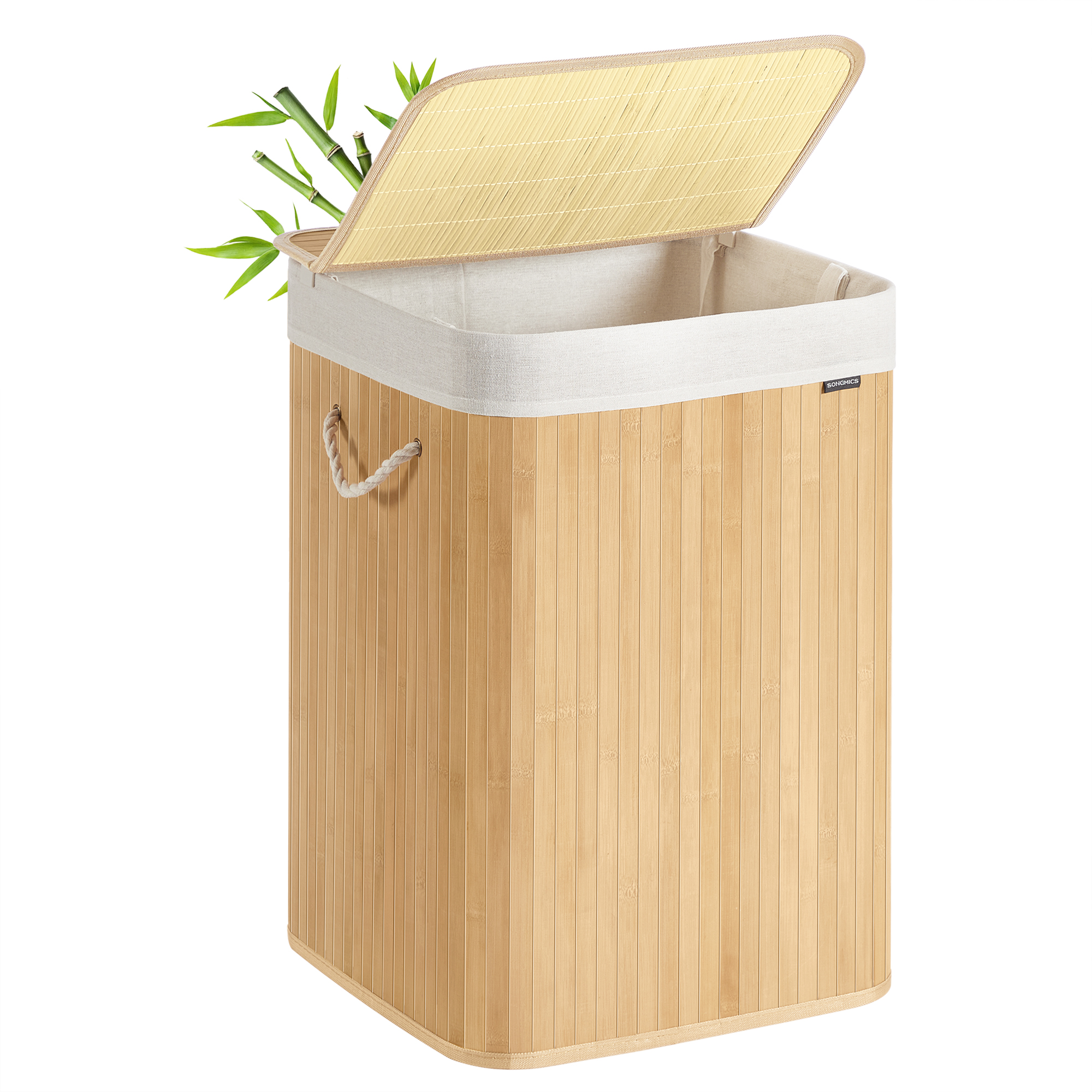 SONGMICS Cesto Ropa Sucia, 95 L, Cesta Colada, con Tapa, Bambú, con Asas, Plegable, Bolsa Interior Extraíble y Lavable a Máquina, para Lavandería, Dormitorio, Blanco/Natural