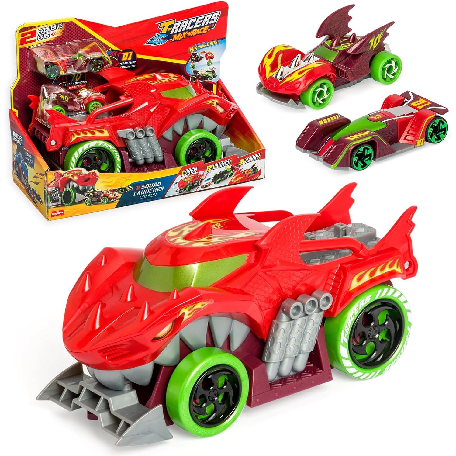 T- Racers Mix 'N Race Squad Launcher Dragon – Camión dragón Que se transforma en Lanzador. Incluye 2 vehículos exclusivos, Zona para lanzar vehículos y Zona para Transportar 2 vehículos (MagicBox PTRSP11460)