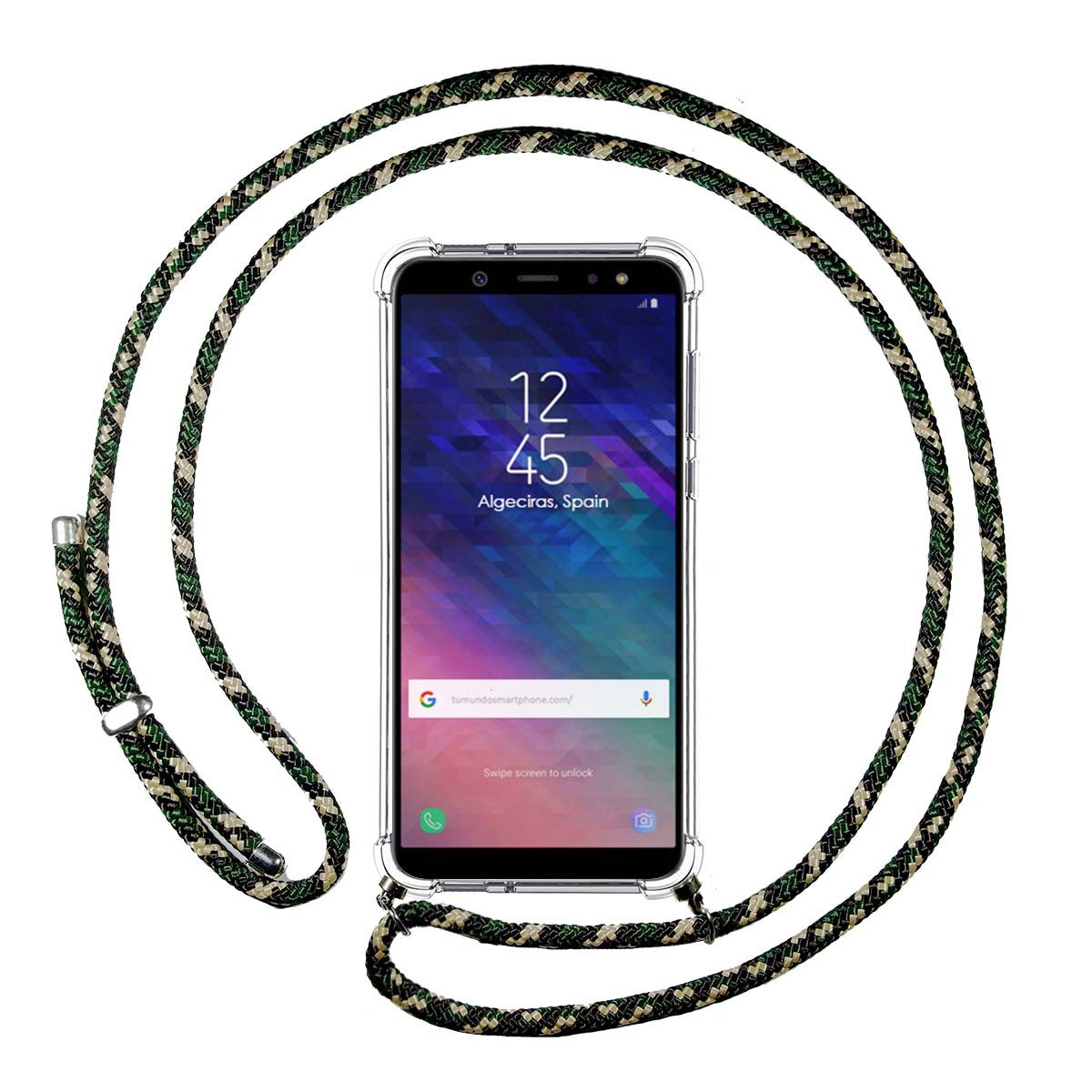 Tumundosmartphone Funda Colgante Transparente para Samsung Galaxy A6 Plus (2018) con Cordon Verde / Dorado