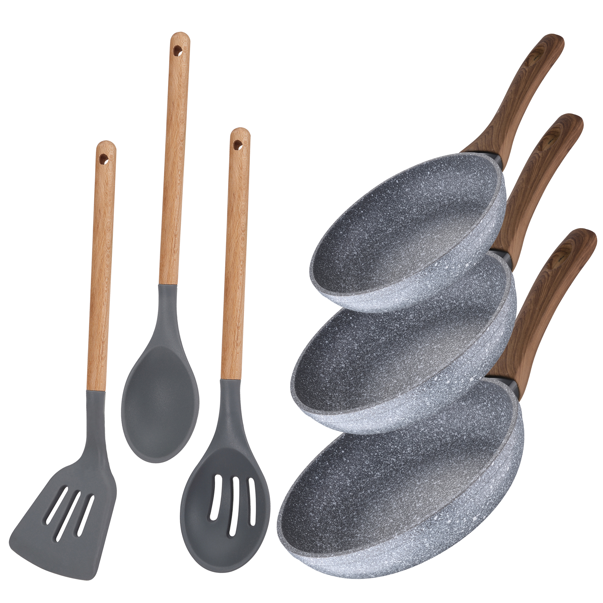 Set 3 sartenes Ø22 Ø26 y Ø28 + set utensilios, Daimiel, aluminio forjado, inducción - SAN IGNACIO