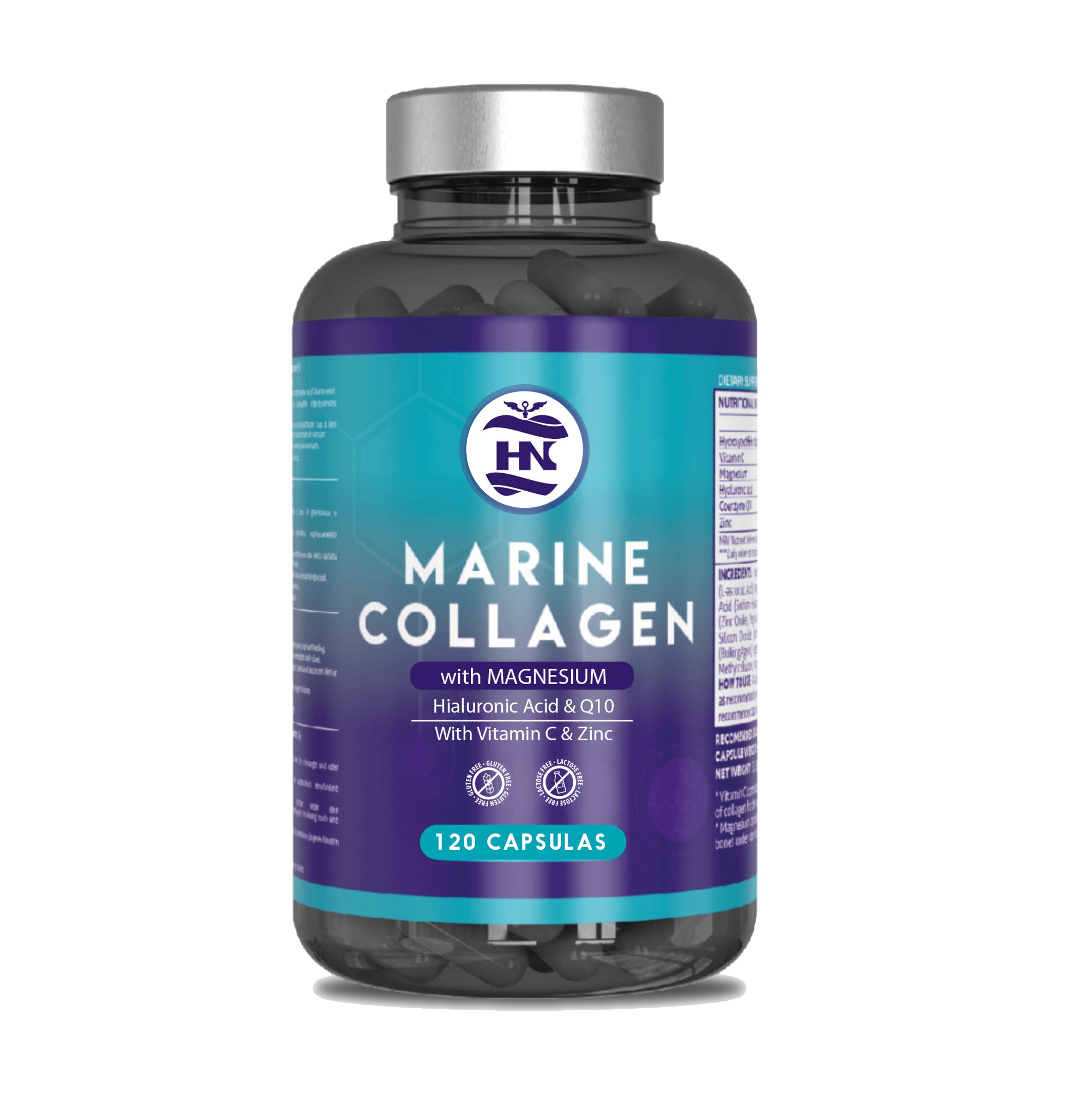 HN Healthy Nutrition Colágeno Marino Hidrolizado con Ácido Hialurónico, Vitamina C, Coenzima Q10, Zinc y Magnesio - 120 Cápsulas - Complemento Alimenticio